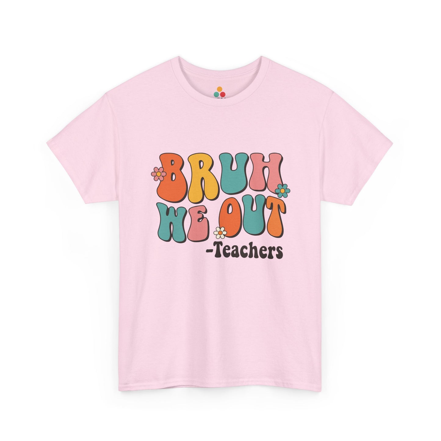 Flat lay of pink t-shirt with TEEZOCA colorful retro flower teacher design.