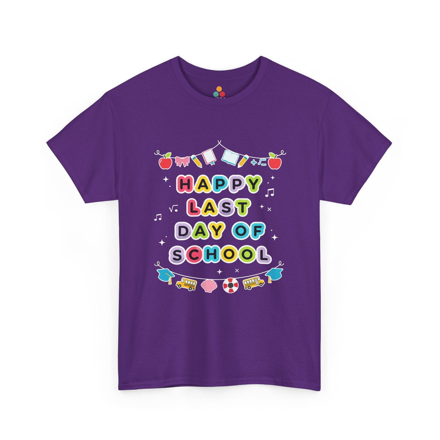 Flat lay of purple t-shirt showing TEEZOCA festive last day of school emblem.