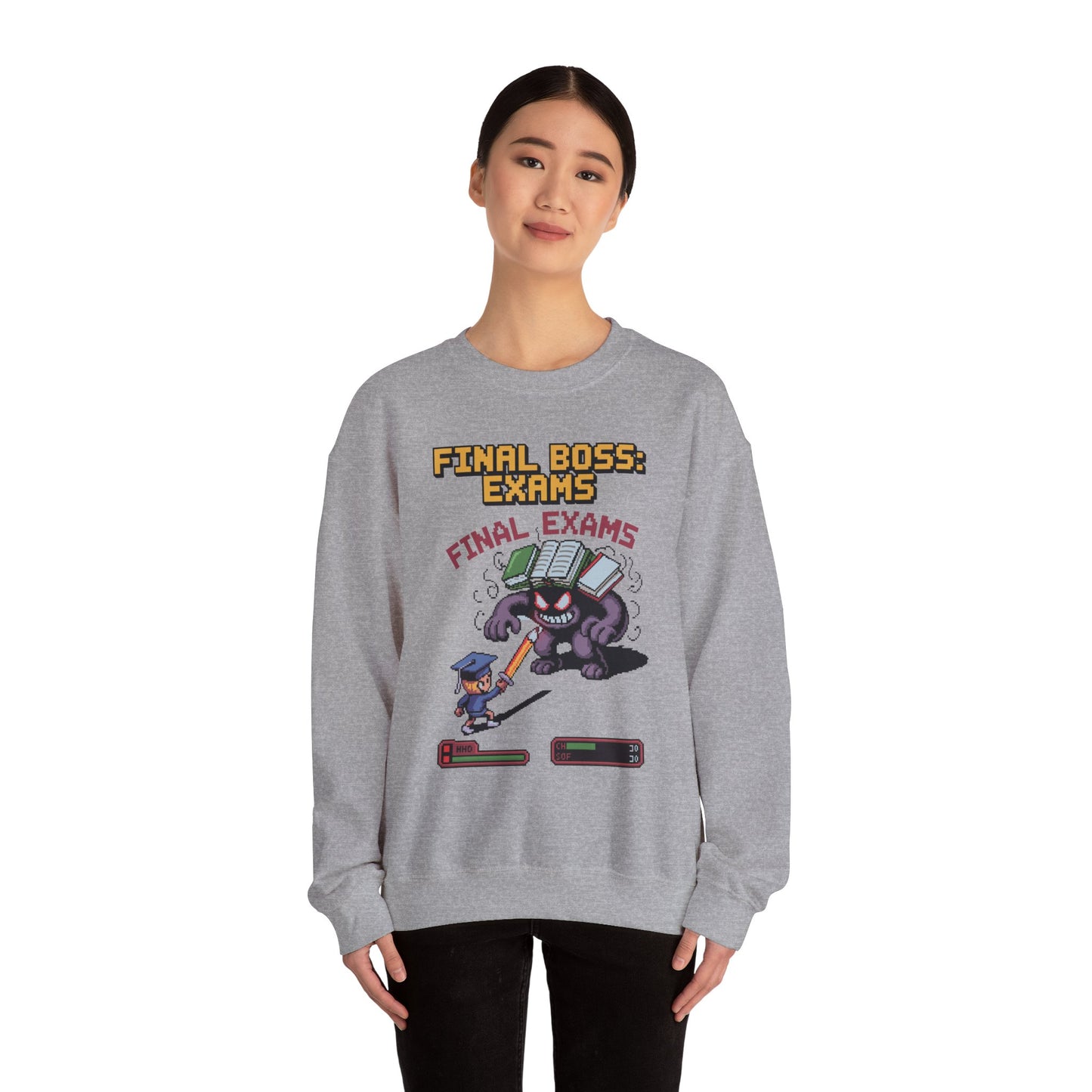 Funny exams sweatshirt showing final boss battle gaming illustration Person wearing a gray sweatshirt with 'Final Boss: Exams' design on a white background