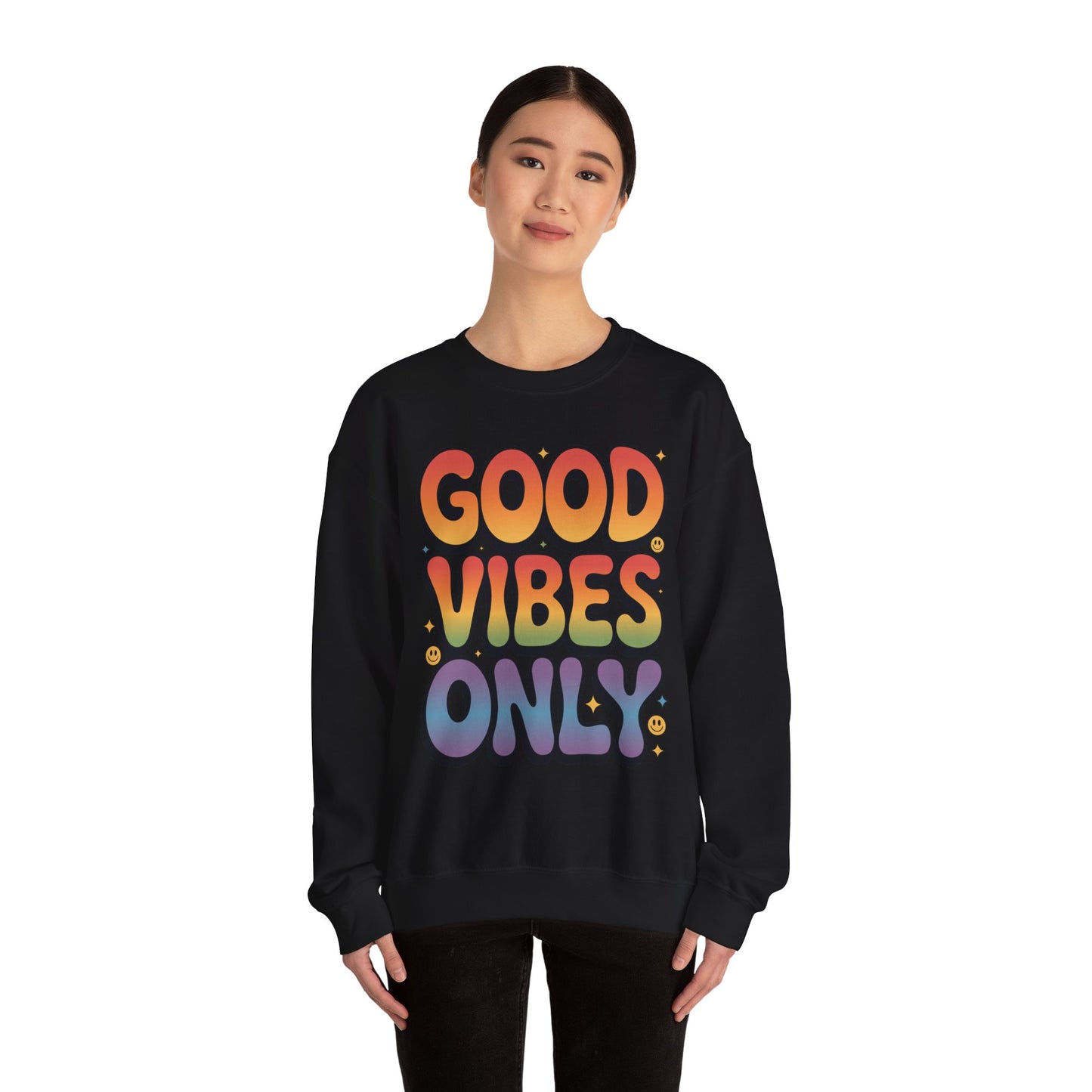 Good vibes only aesthetic sweatshirt for casual positive streetwear Person wearing a black sweatshirt with 'Good Vibes Only' text in colorful letters on a white background