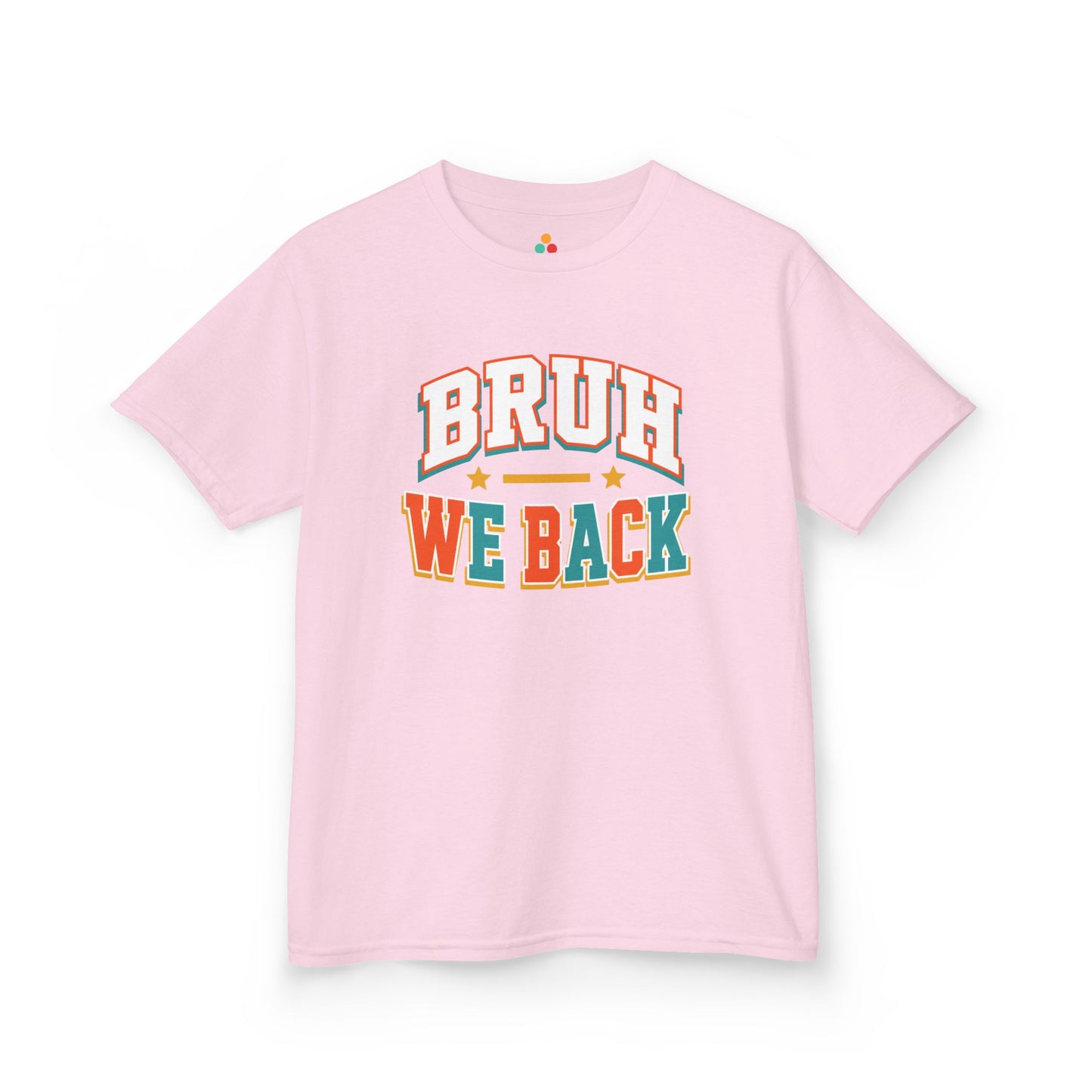 Light pink TEEZOCA Bruh We Back varsity kids tee, a funny back to school shirt for the new school year.