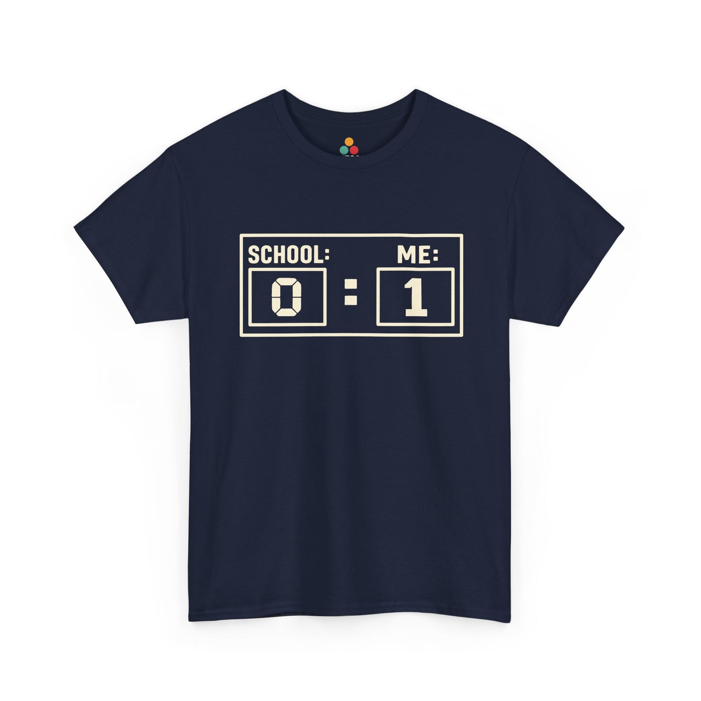 Navy TEEZOCA scoreboard style “SCHOOL: 0 ME: 1” graduation graphic t‑shirt.