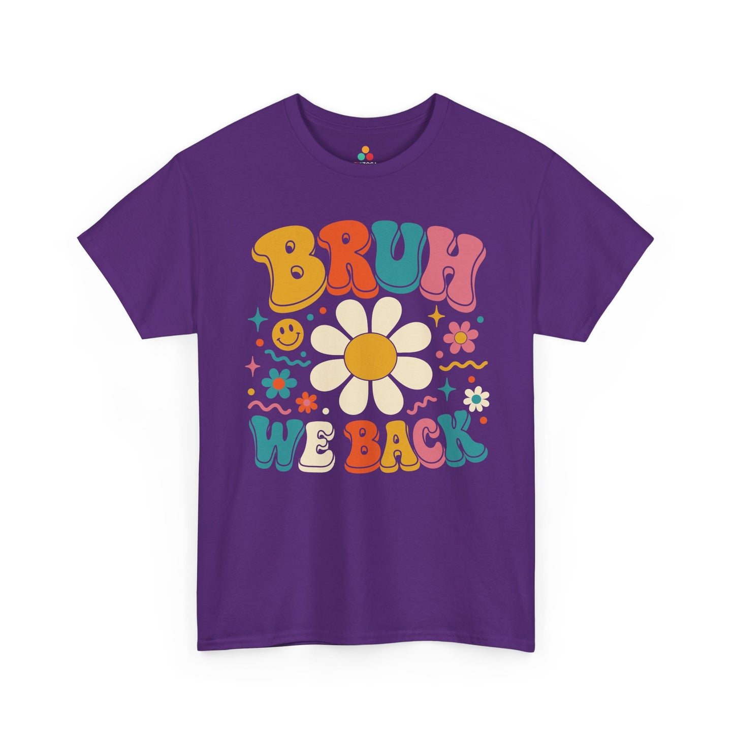 Purple TEEZOCA Bruh We Back retro tee, a funny back to school shirt for the new school year.