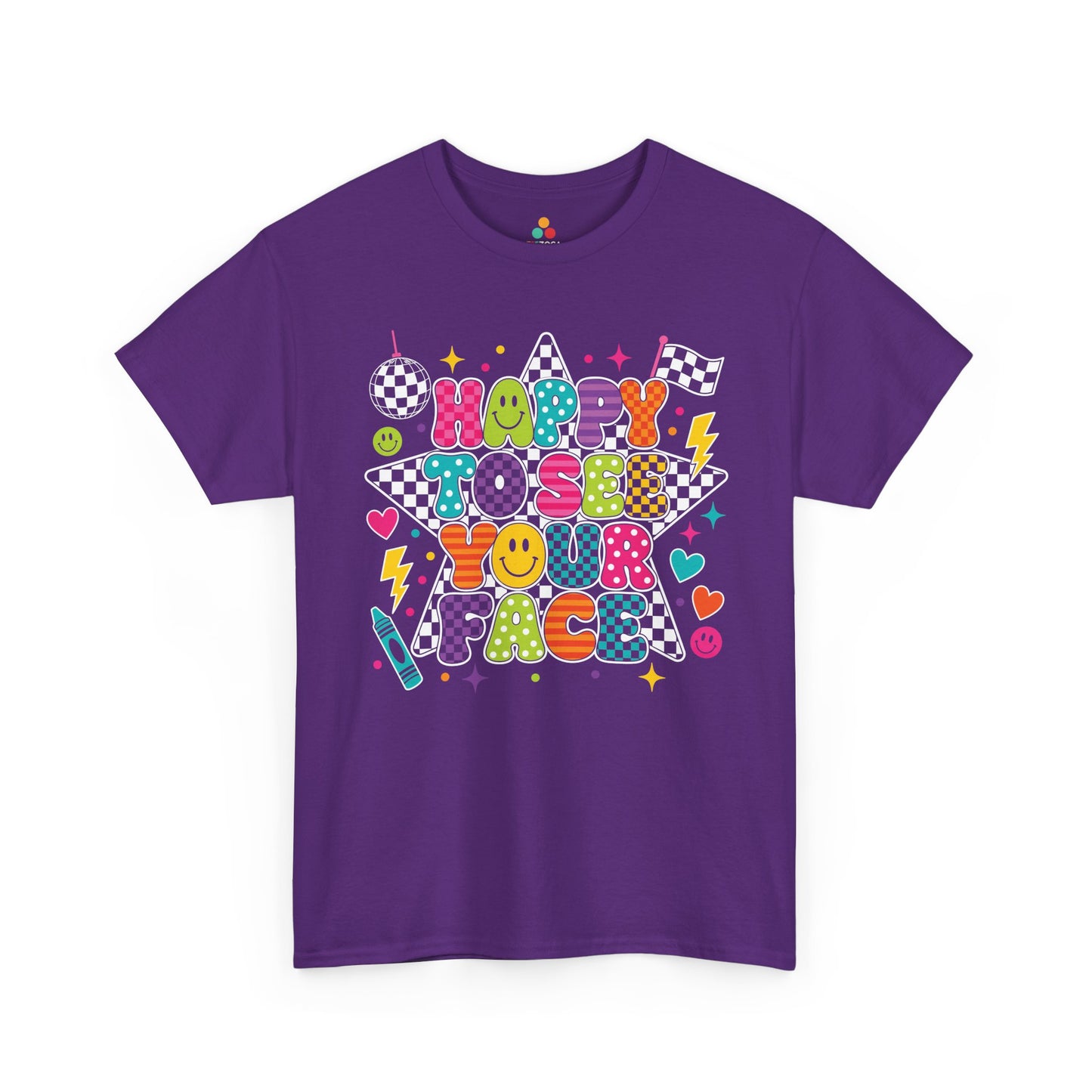 Purple TEEZOCA Happy to See Your Face teacher shirt with cheerful faces and stars, the kind of adult tee shoppers find on Amazon and Etsy.