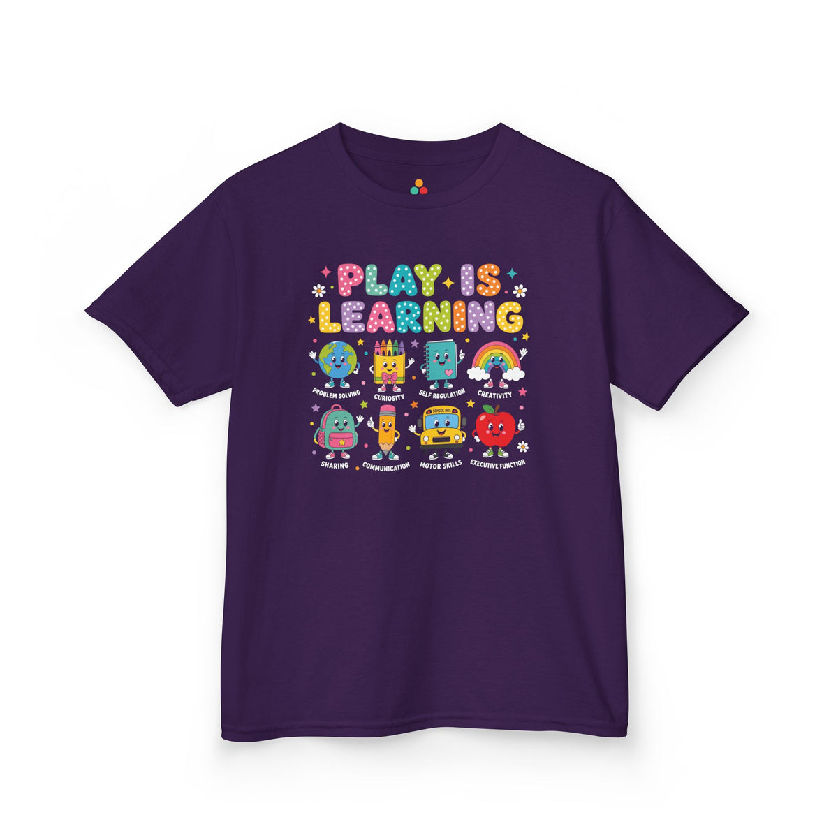 Purple TEEZOCA Play Is Learning kids shirt with school-supply characters, the kind of first-day tee parents shop on Amazon and Etsy.