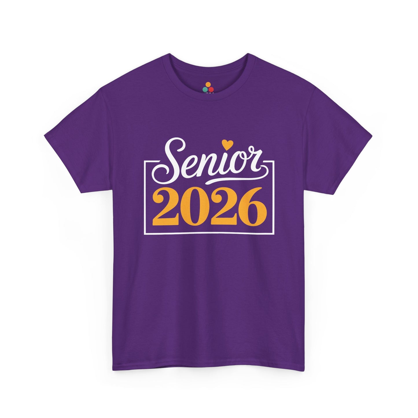 Purple TEEZOCA Senior 2026 white and yellow framed graphic tee.