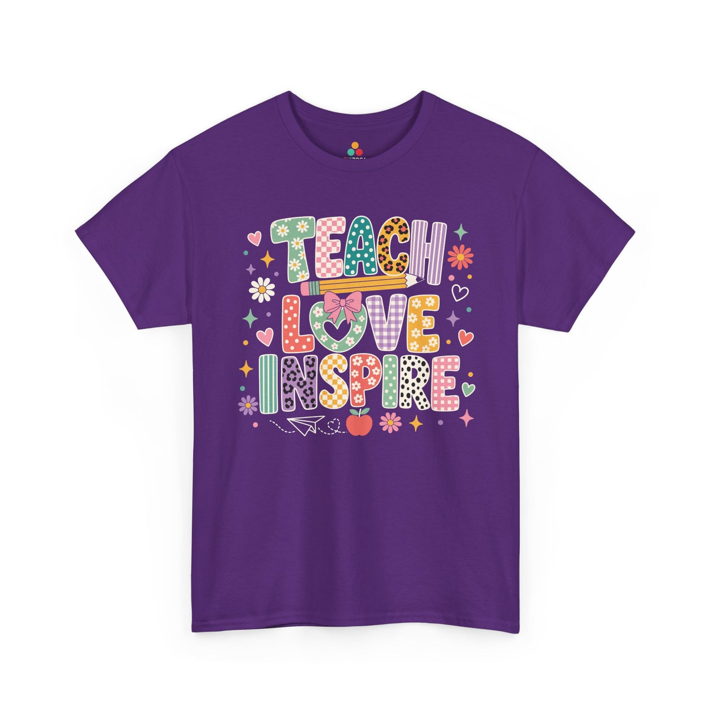 Purple TEEZOCA Teach Love Inspire teacher shirt, the kind of adult tee shoppers find on Amazon and Etsy.