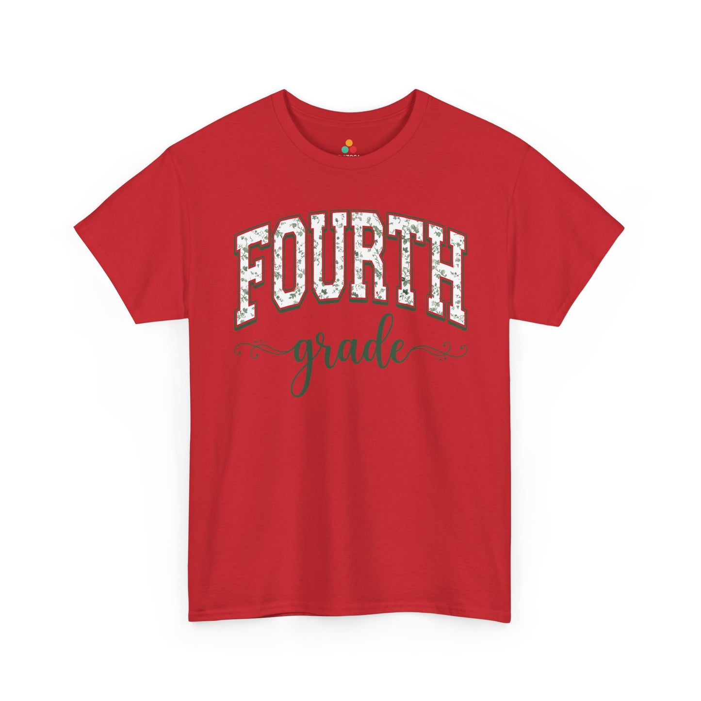 Red t-shirt with 'FOURTH grade' text on a white background. TEEZOCA floral back to school t-shirt for fourth grade teachers and staff, an adult tee found on Amazon and Etsy.