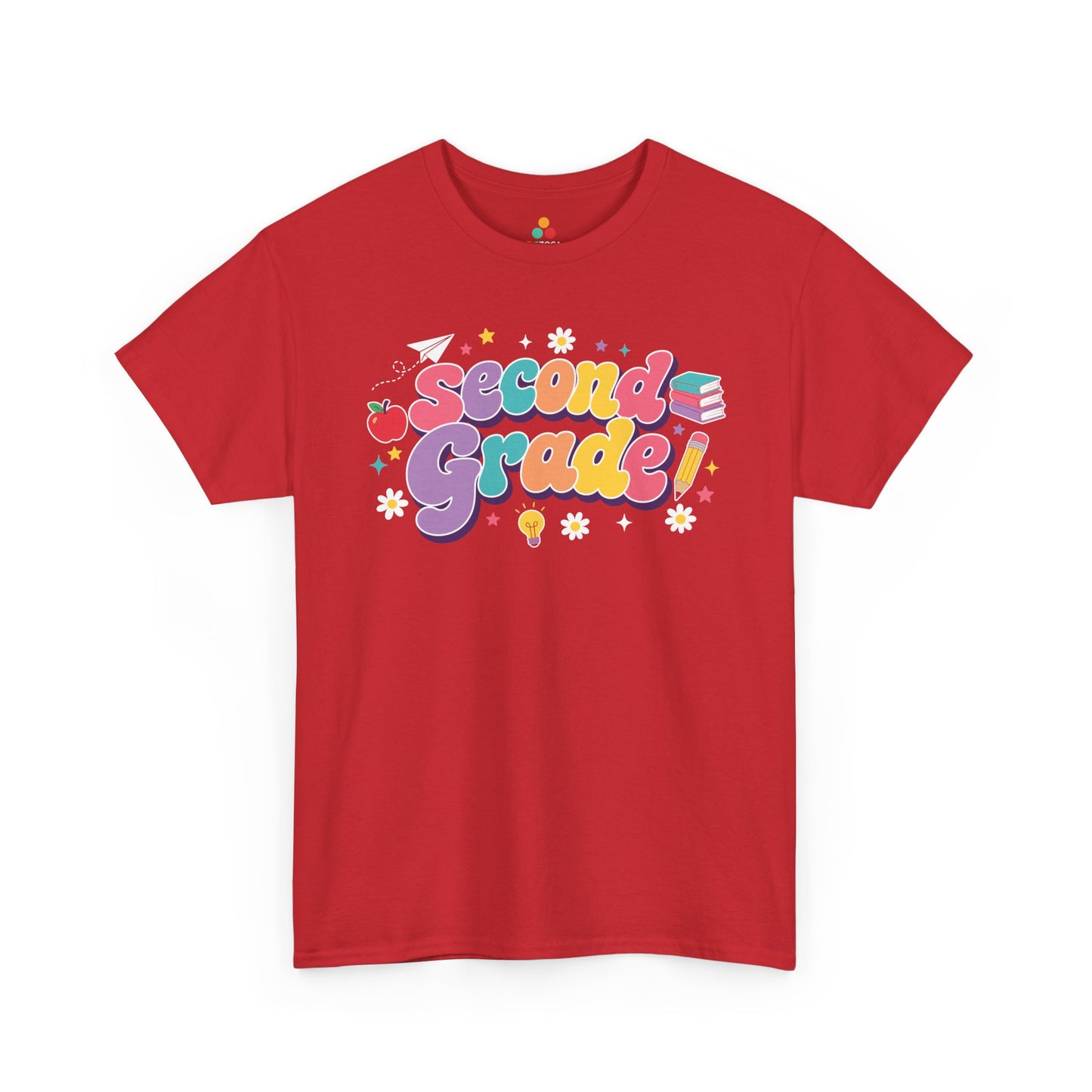 Red t-shirt with 'Second Grade!' text on a white background. Created for coordinated educators, this TEEZOCA t-shirt uses colorful bubble lettering and stars for a set of second grade teacher squad shirts.