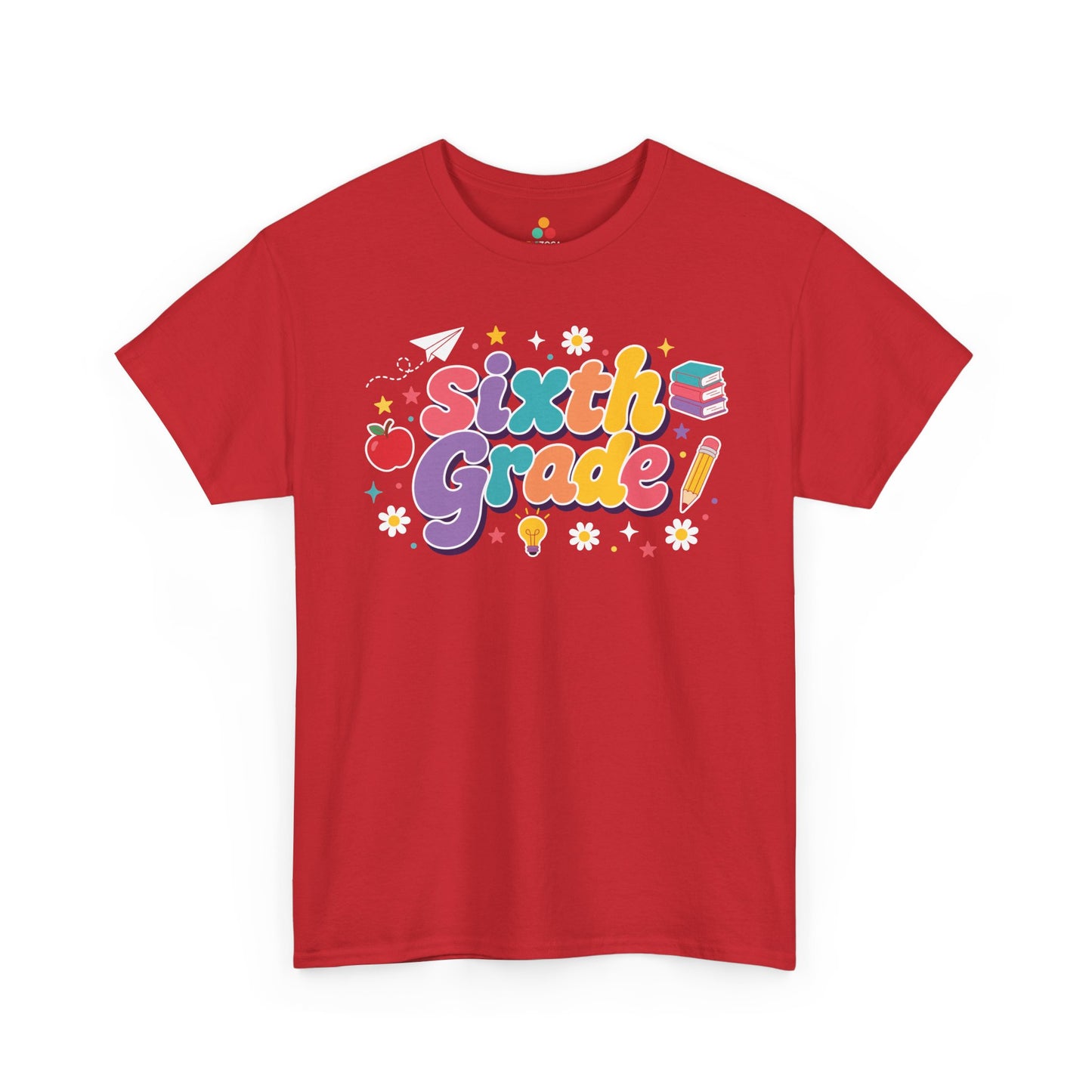 Red t-shirt with 'Sixth Grade!' text and educational graphics on a white background. For a back to school teacher shirt, this TEEZOCA t-shirt features “Sixth Grade” text surrounded by an apple, pencil, books, light bulb, stars, and dots.
