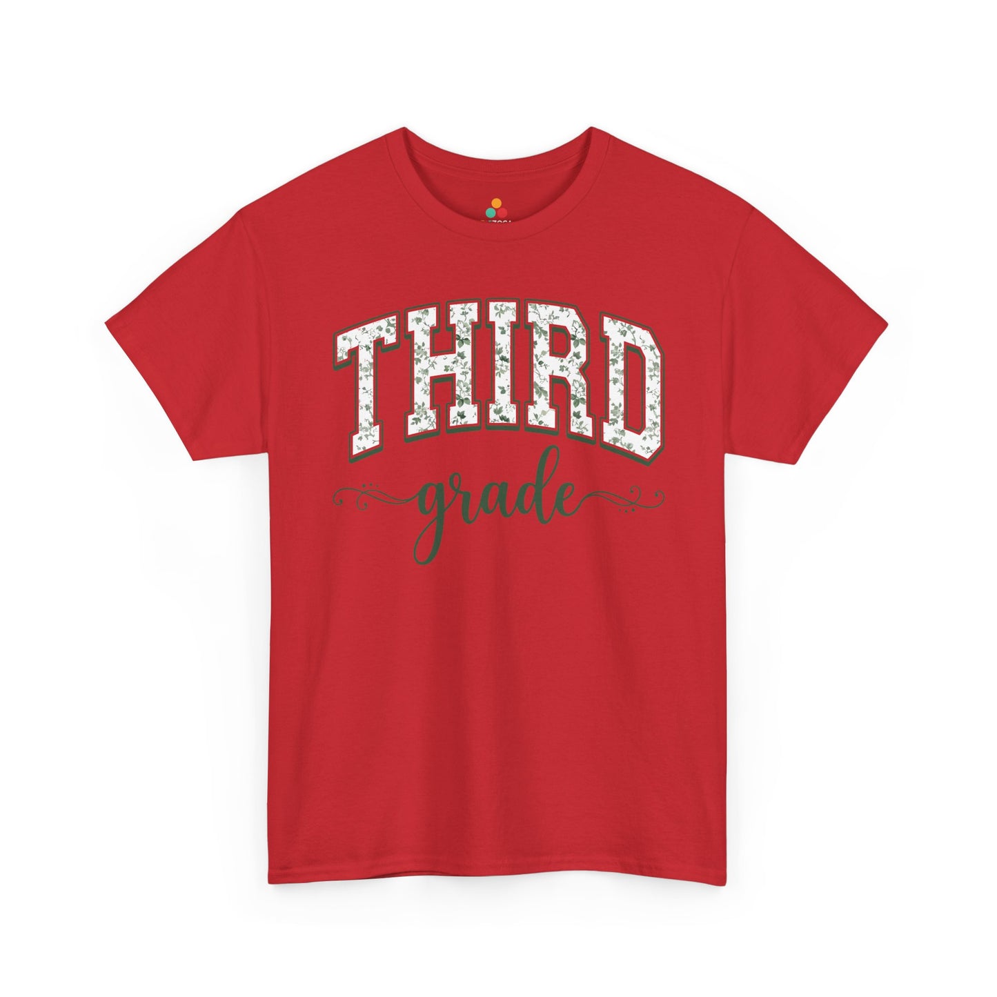 Red t-shirt with 'THIRD grade' text on a white background. Floral third grade tee from TEEZOCA reading third grade in arched varsity type, a unisex adult shirt for school staff.