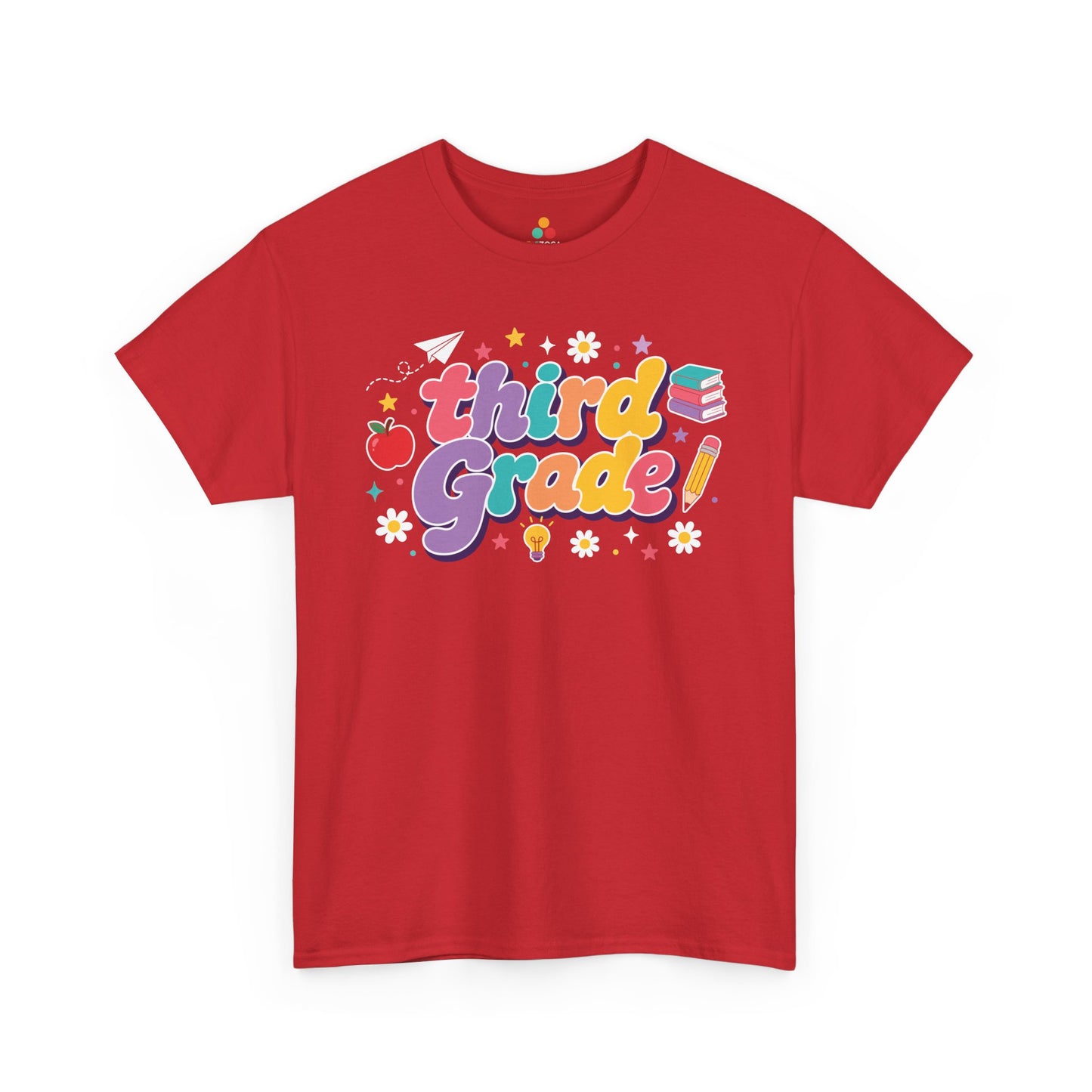 Red t-shirt with 'third grade!' text and educational graphics on a white background. For a back to school teacher shirt, this TEEZOCA t-shirt features “Third Grade” text surrounded by an apple, pencil, books, light bulb, stars, and dots.