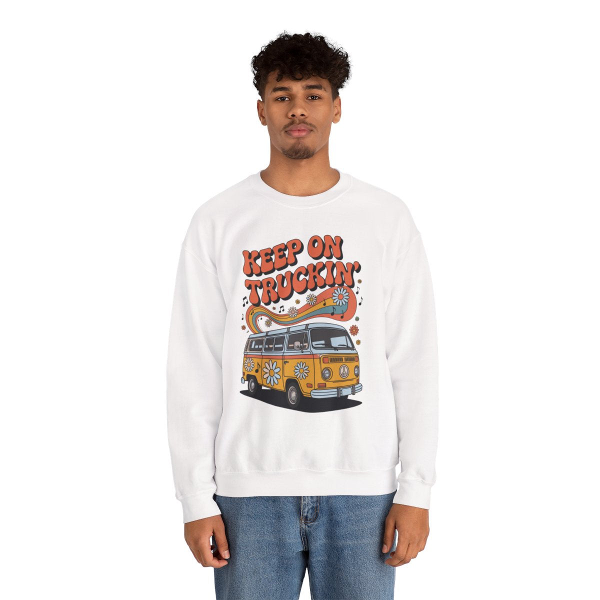 Retro “Keep On Truckin’” van graphic printed on a TEEZOCA unisex crewneck sweatshirt with colorful flowers and musical details Person wearing a white sweatshirt with a graphic design and text on a white background