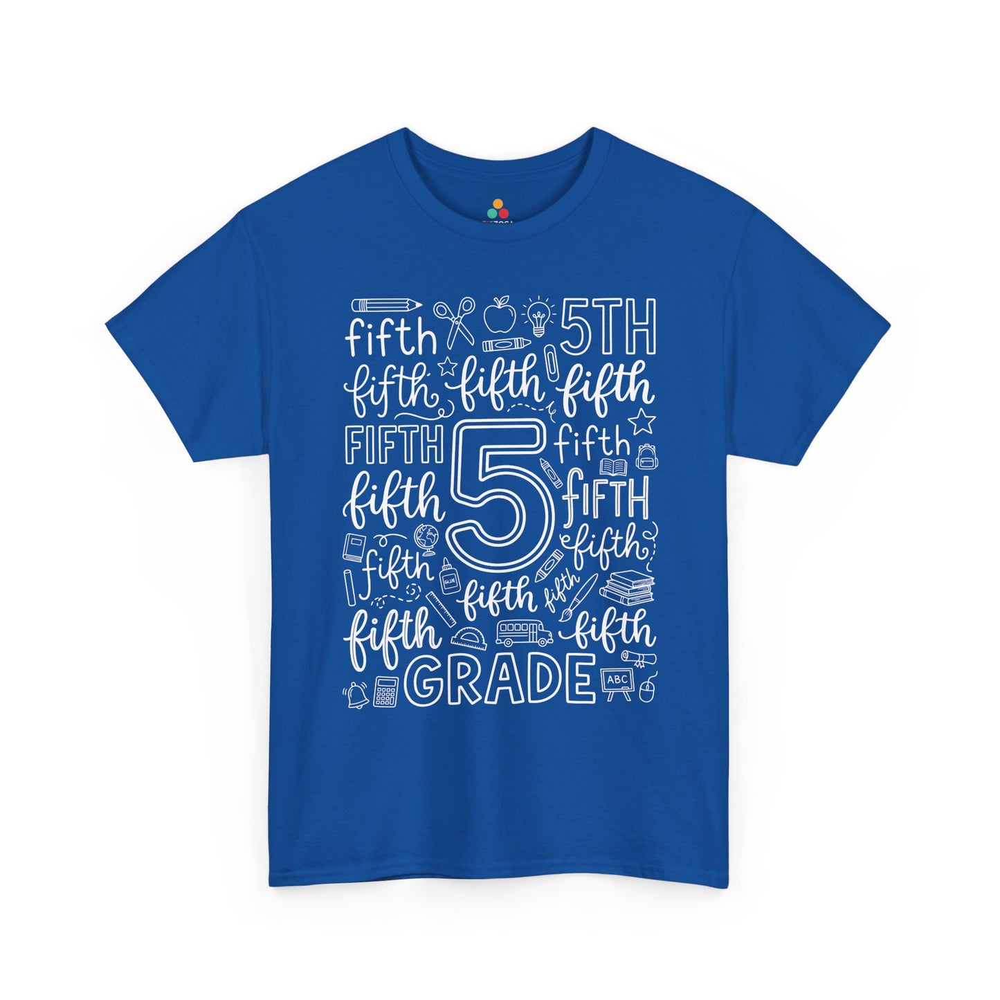 Royal blue TEEZOCA fifth grade teacher shirt with word-art lettering, a unisex adult back to school tee.