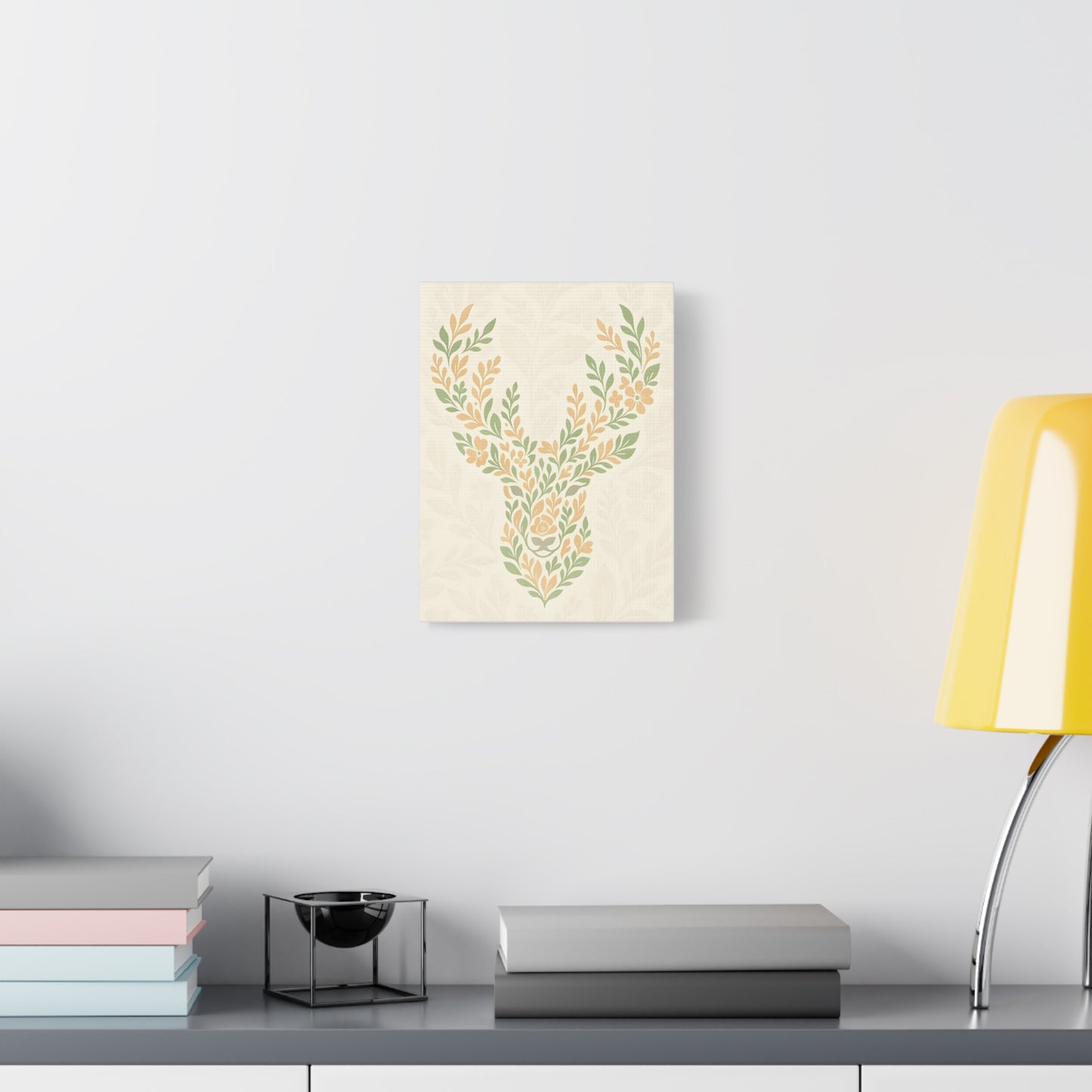 Small TEEZOCA cream floral deer wall art hanging in simple room with lamp nearby.