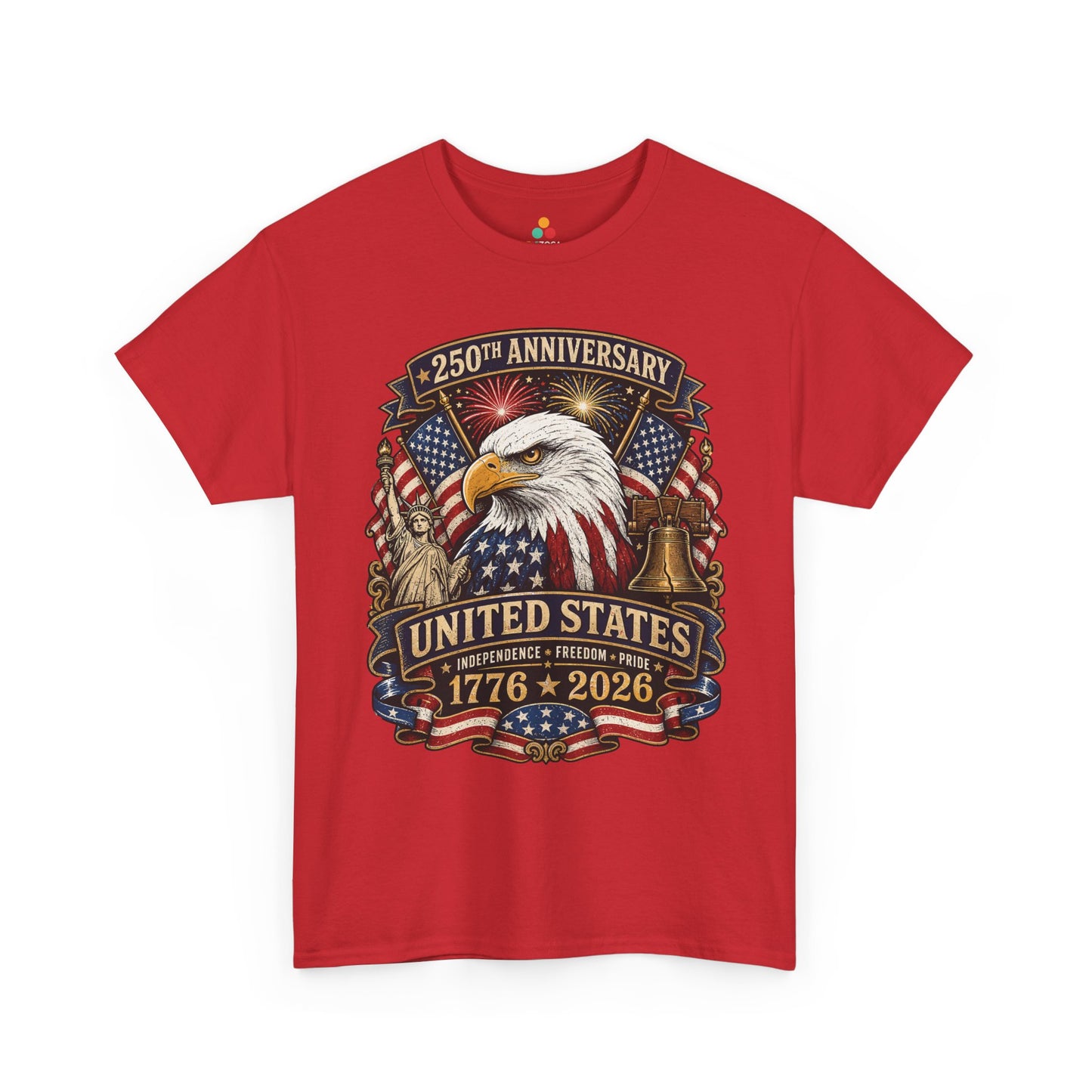 TEEZOCA 4th of July graphic tee with american pride shirt styling, gold banners, waving flags, and Independence Freedom Pride message.