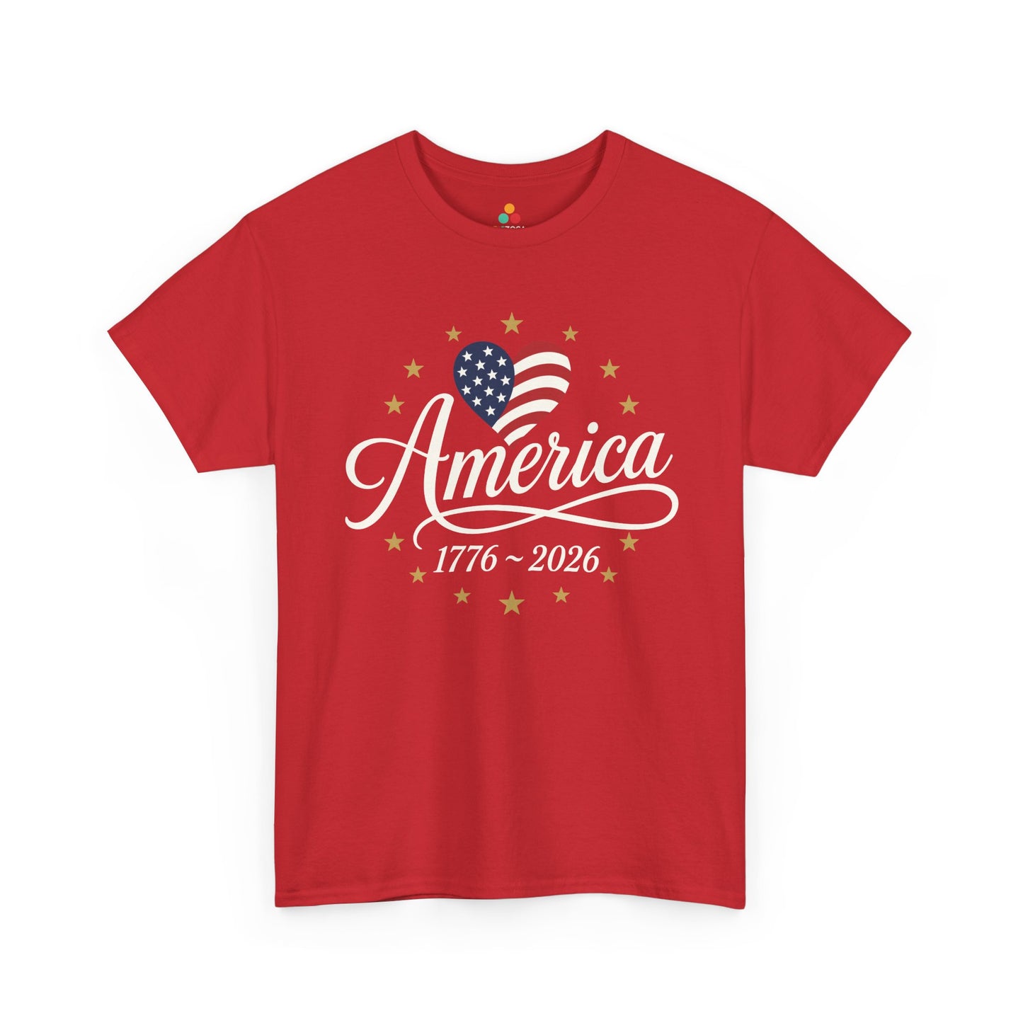 TEEZOCA 4th of July graphic tee with american pride shirt women styling, gold stars, cursive America text, and flag heart.