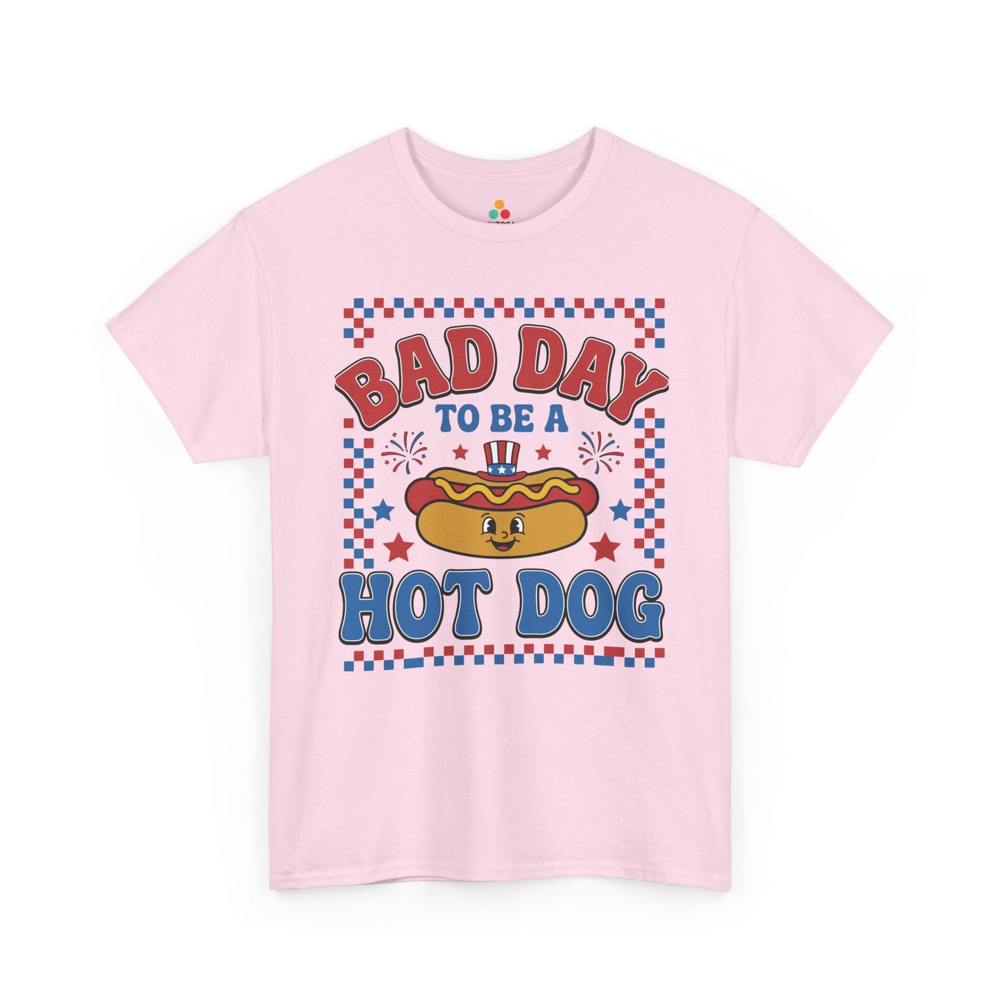TEEZOCA 4th of July graphic tee with funny bbq shirt artwork, checkered border, Uncle Sam hat, and hot dog pun slogan.