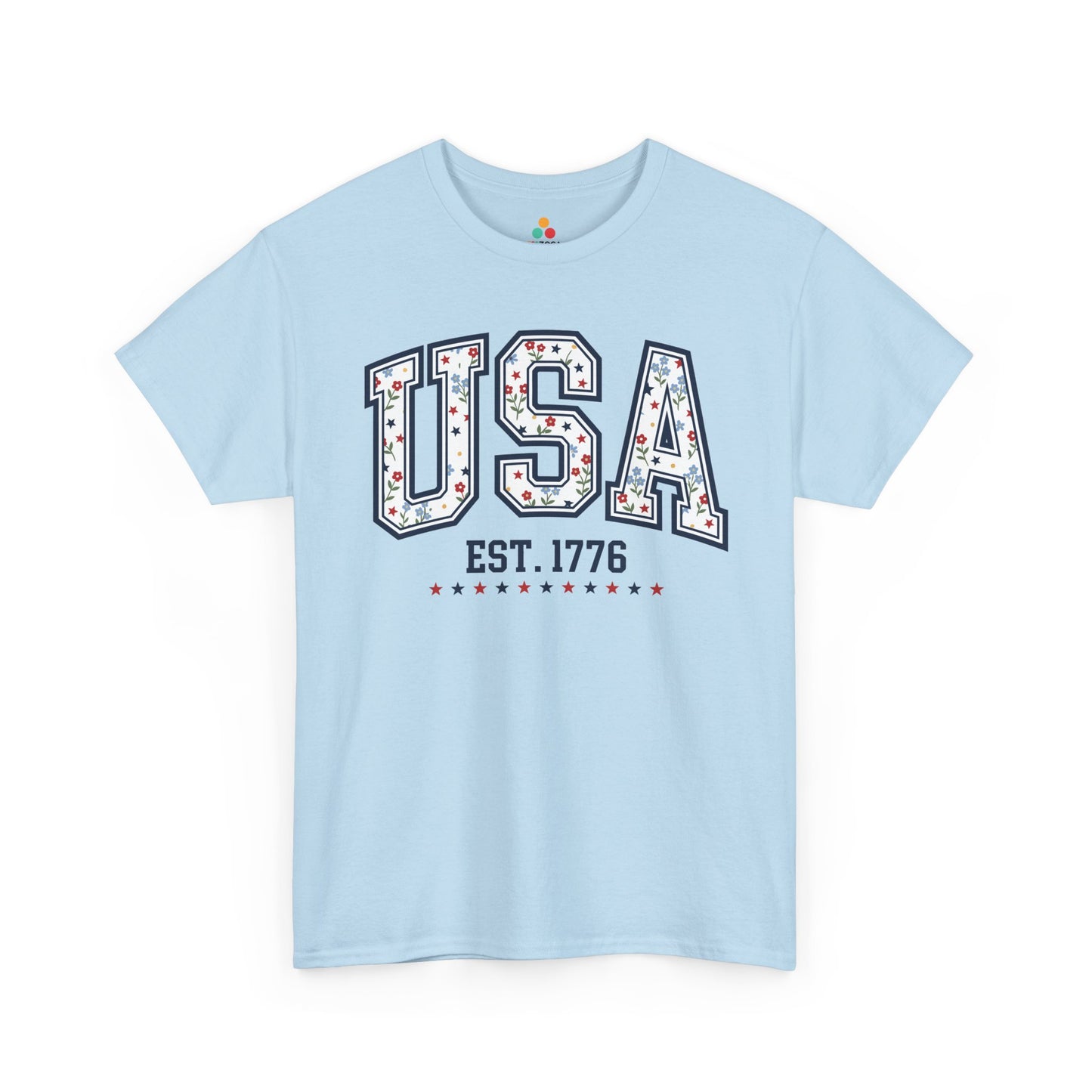 TEEZOCA 4th of July graphic tee with womens USA shirts style, floral patriotic letters, and red white and blue star details.