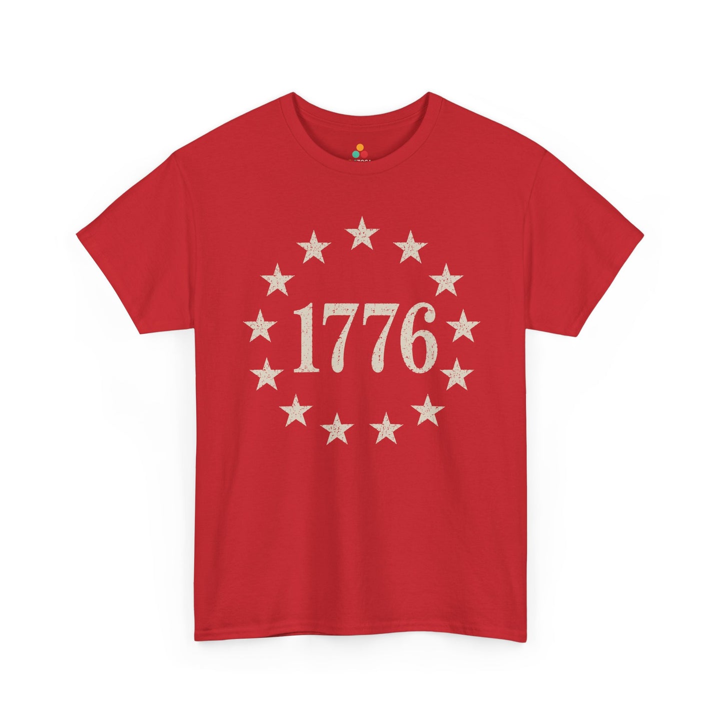 TEEZOCA Betsy Ross flag shirt inspired t-shirt with thirteen stars, 1776 lettering, and founding era American pride.