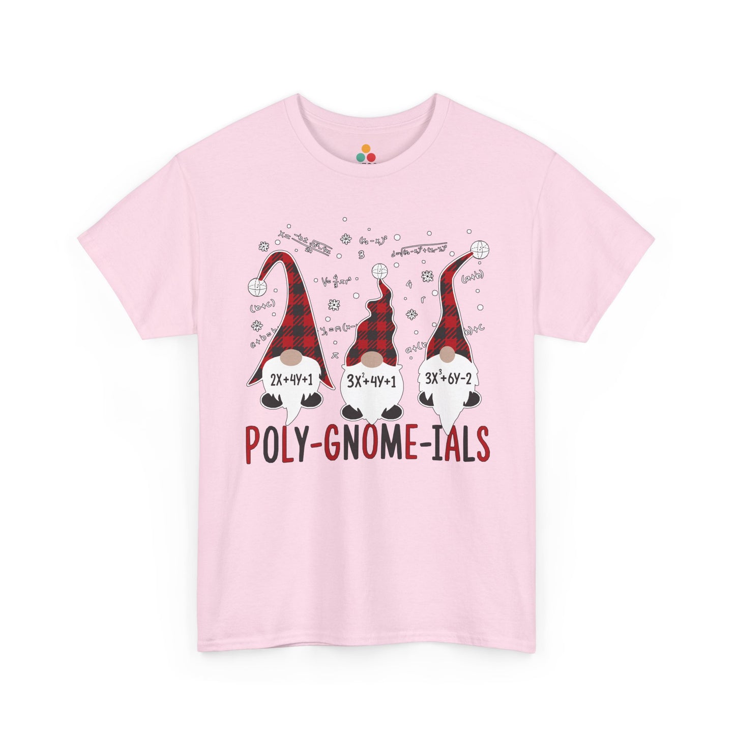 TEEZOCA Light pink "Poly-Gnome-ials" funny math gnome graphic t-shirt shown flat.