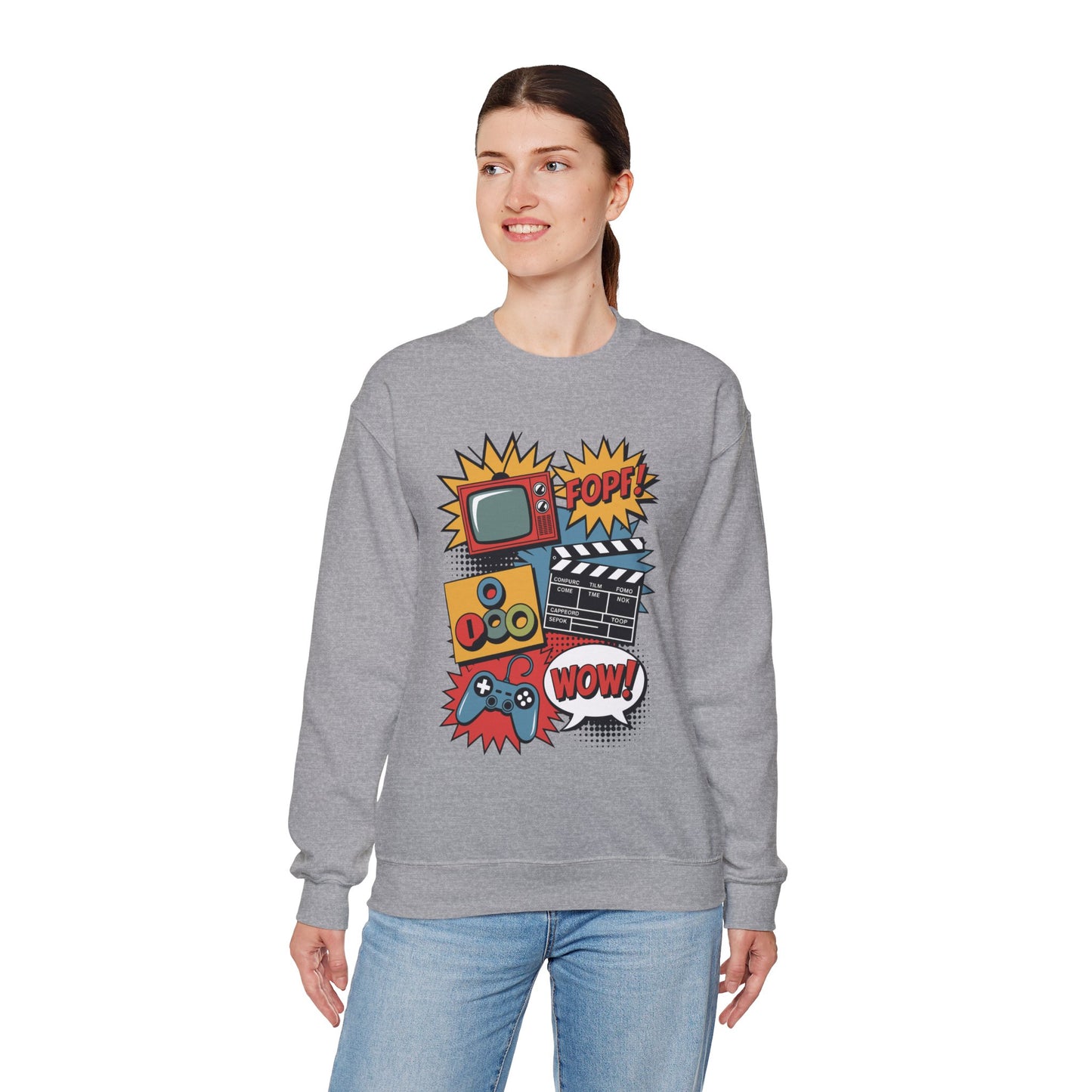 TEEZOCA Old school pop culture sweatshirt inspired by classic media and gaming Person wearing a gray sweatshirt with colorful graphic design on a white background