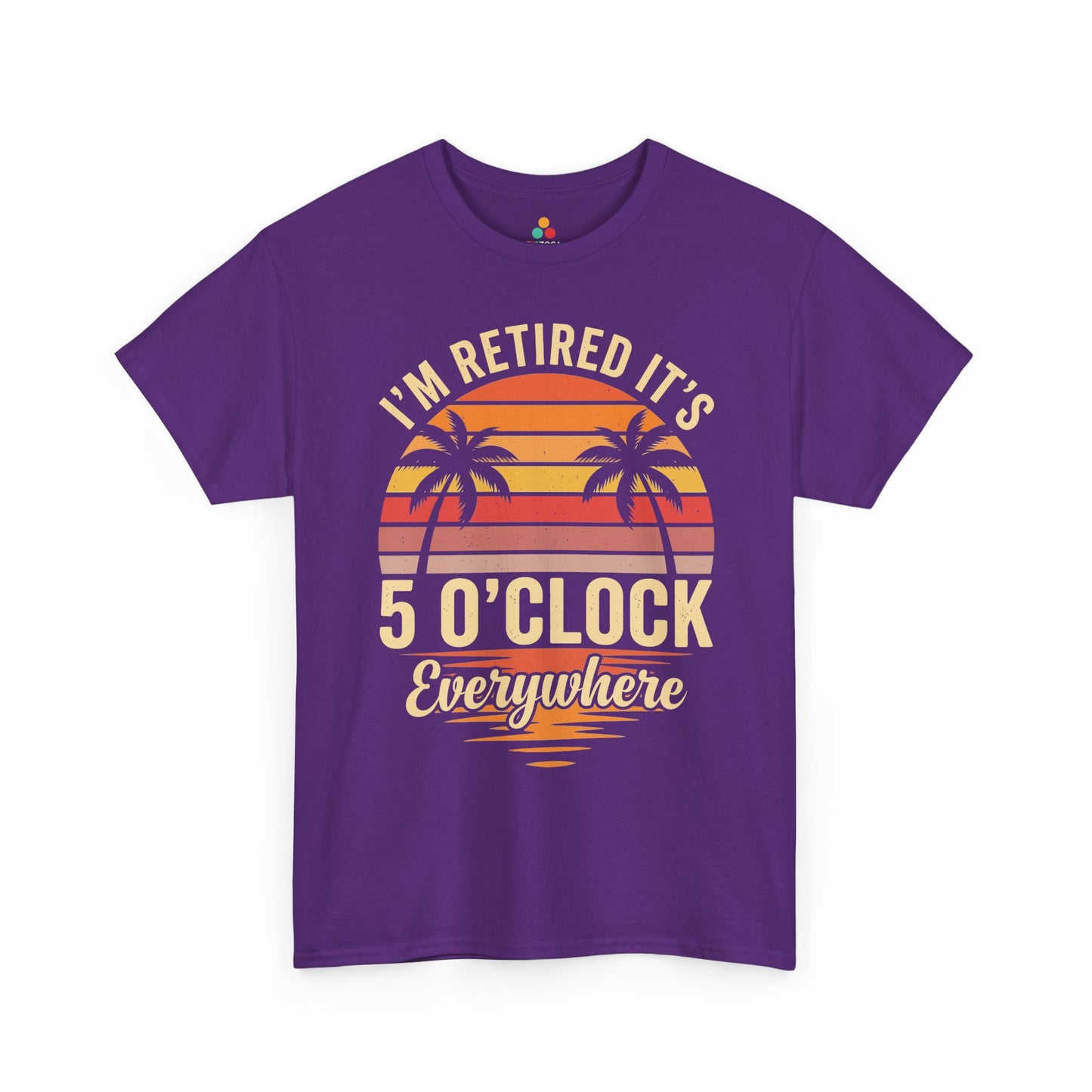 TEEZOCA Unisex T-shirt with funny retirement t shirt design, vintage sunset colors, palm trees, and retired happy hour quote.
