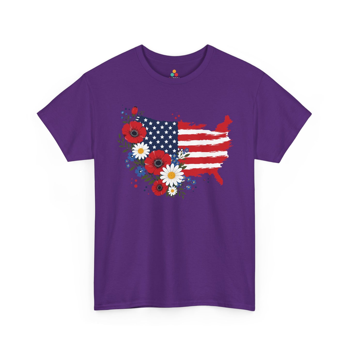 TEEZOCA america 250 shirt t-shirt with floral 4th of july shirt for women style, patriotic USA map, and red white blue flowers.