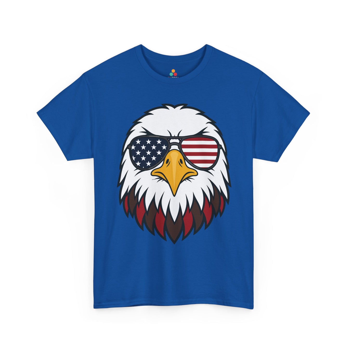 TEEZOCA american flag bald eagle shirt t-shirt showing a close-up eagle with flag lenses and strong red white and blue details.