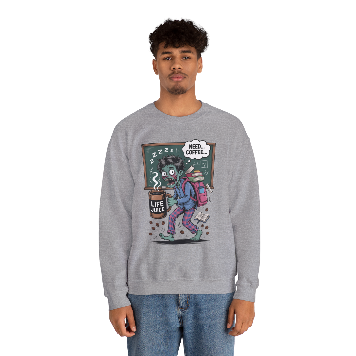 TEEZOCA funny student sweatshirt with exhausted character holding coffee mug