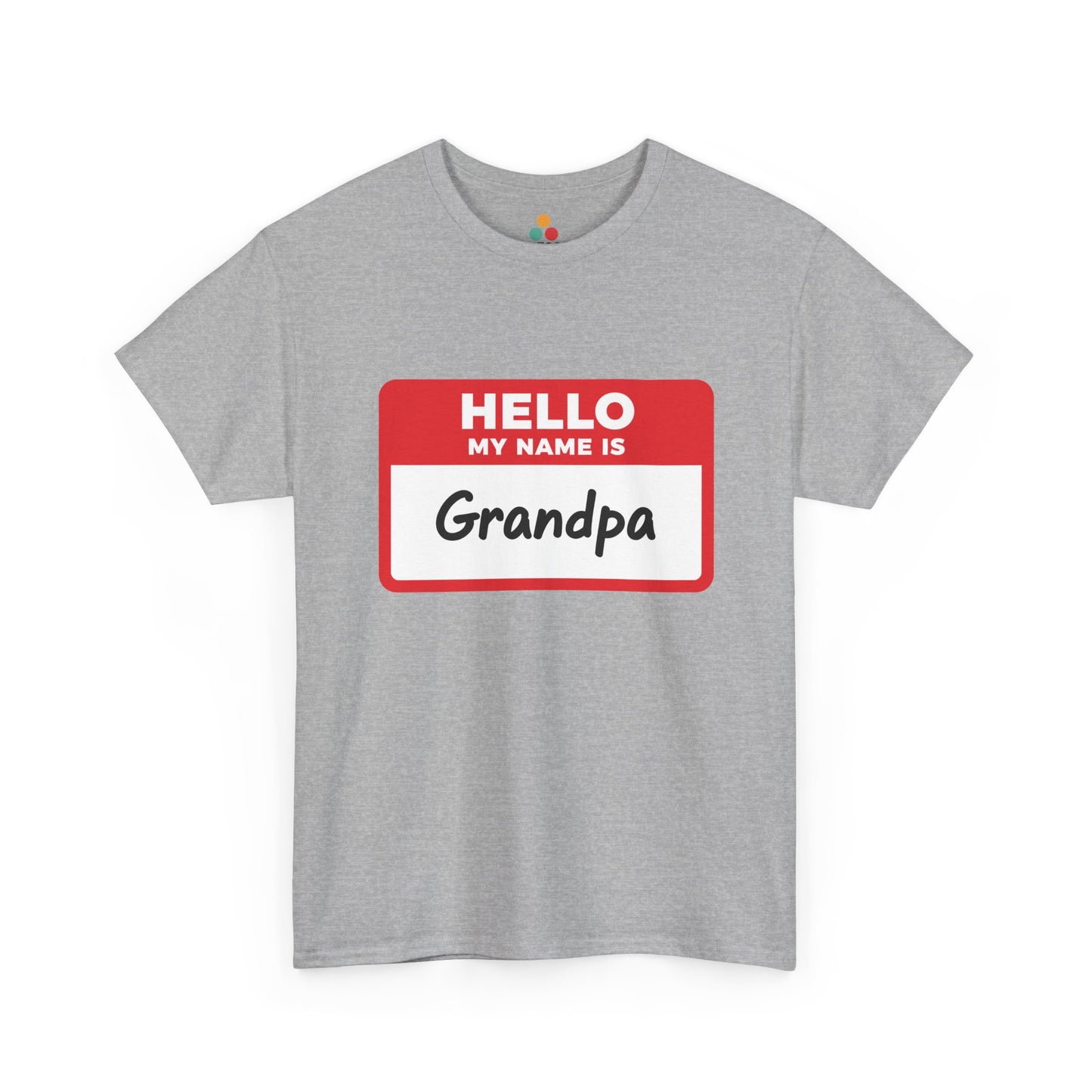 TEEZOCA grey “Hello My Name Is Grandpa” name tag graphic t-shirt shown flat.