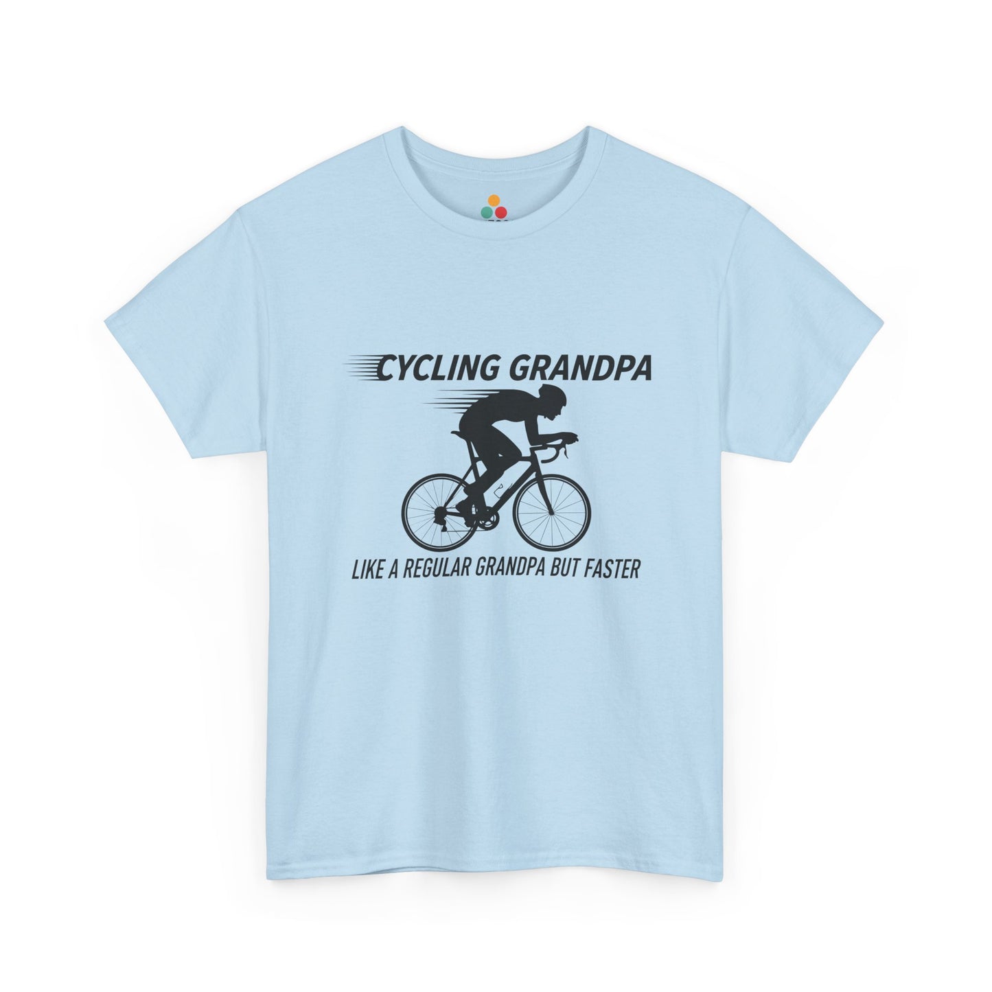 TEEZOCA light blue “Cycling Grandpa” like a regular grandpa but faster t-shirt shown flat.
