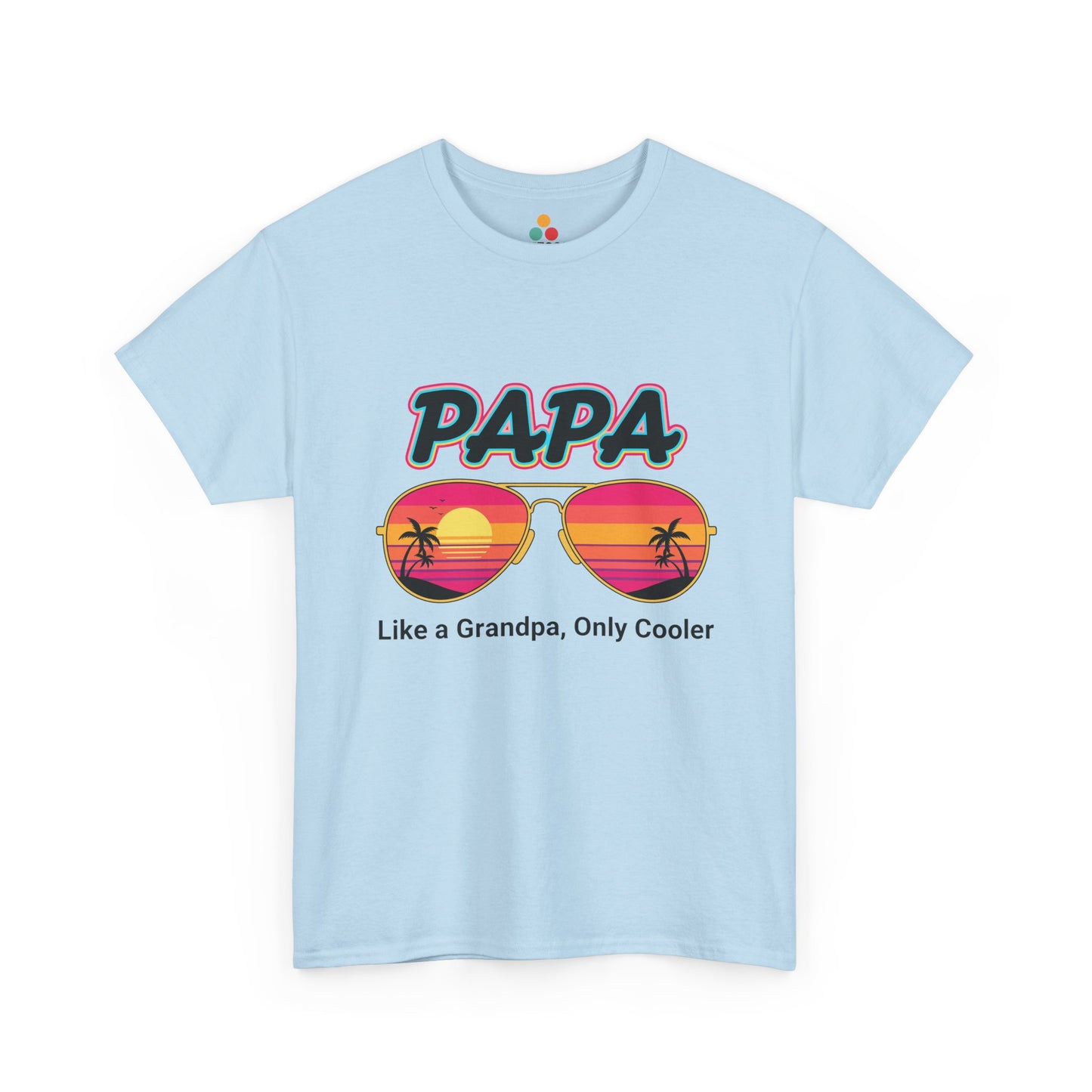 TEEZOCA light blue “Papa” retro summer sunglasses graphic t-shirt shown flat.