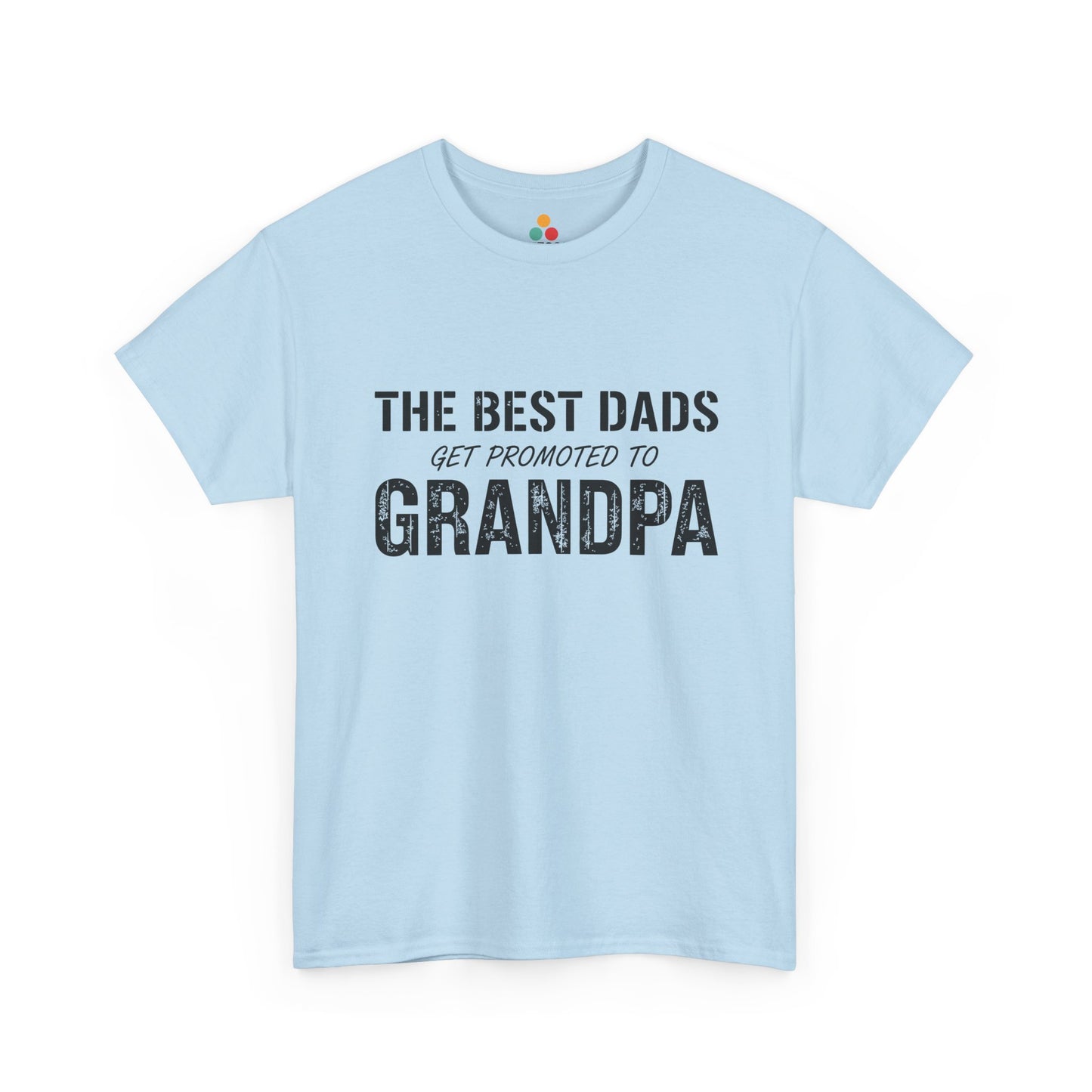 TEEZOCA light blue “The Best Dads Get Promoted to Grandpa” grandpa announcement tee shown flat.