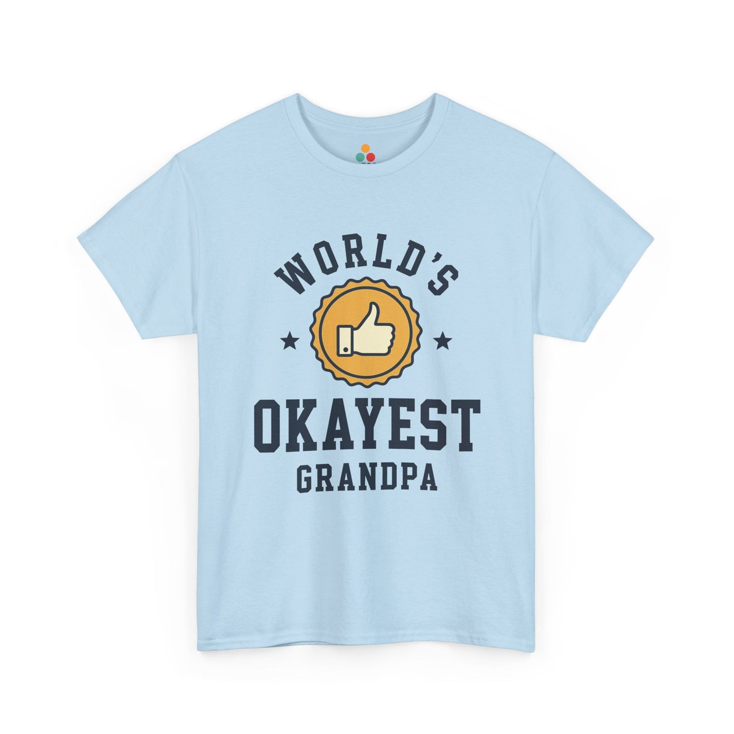 TEEZOCA light blue “World’s Okayest Grandpa” badge graphic t-shirt shown flat.