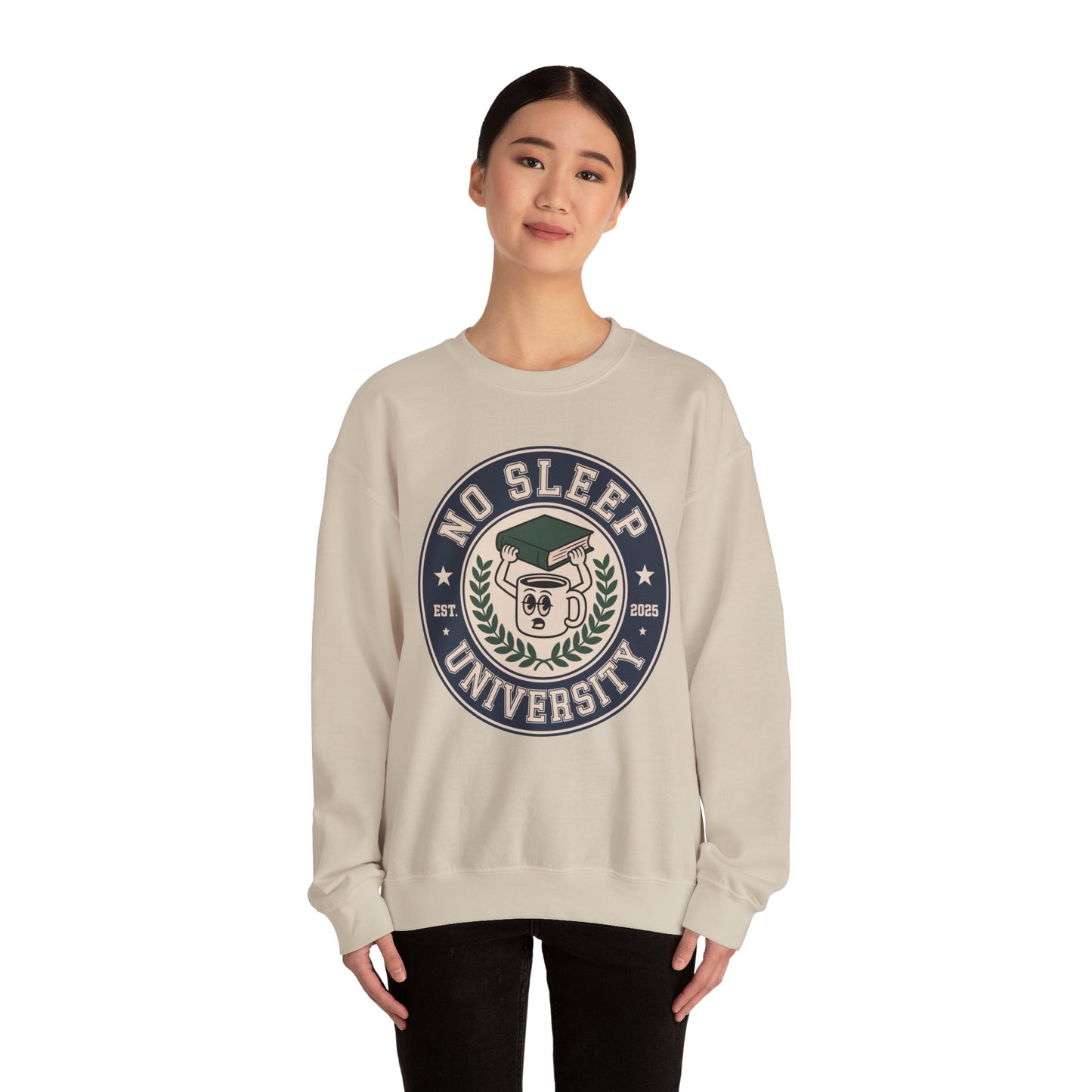 TEEZOCA no sleep university sweatshirt with coffee mug study design Person wearing a beige sweatshirt with 'No Sleep University' logo on a white background