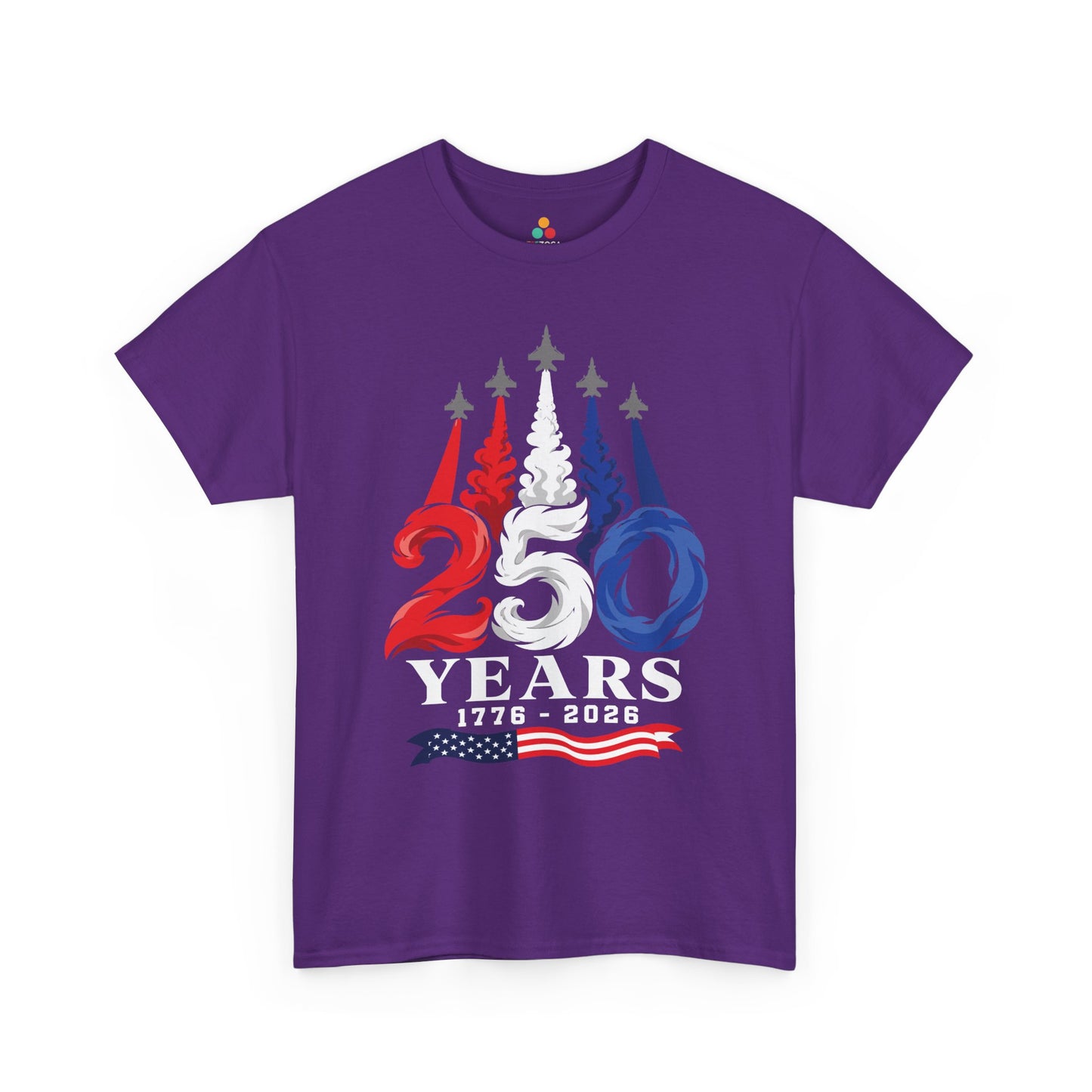 TEEZOCA patriotic fighter jet T-shirt with America 250 shirt energy, bold smoke trails, and Independence Day style.