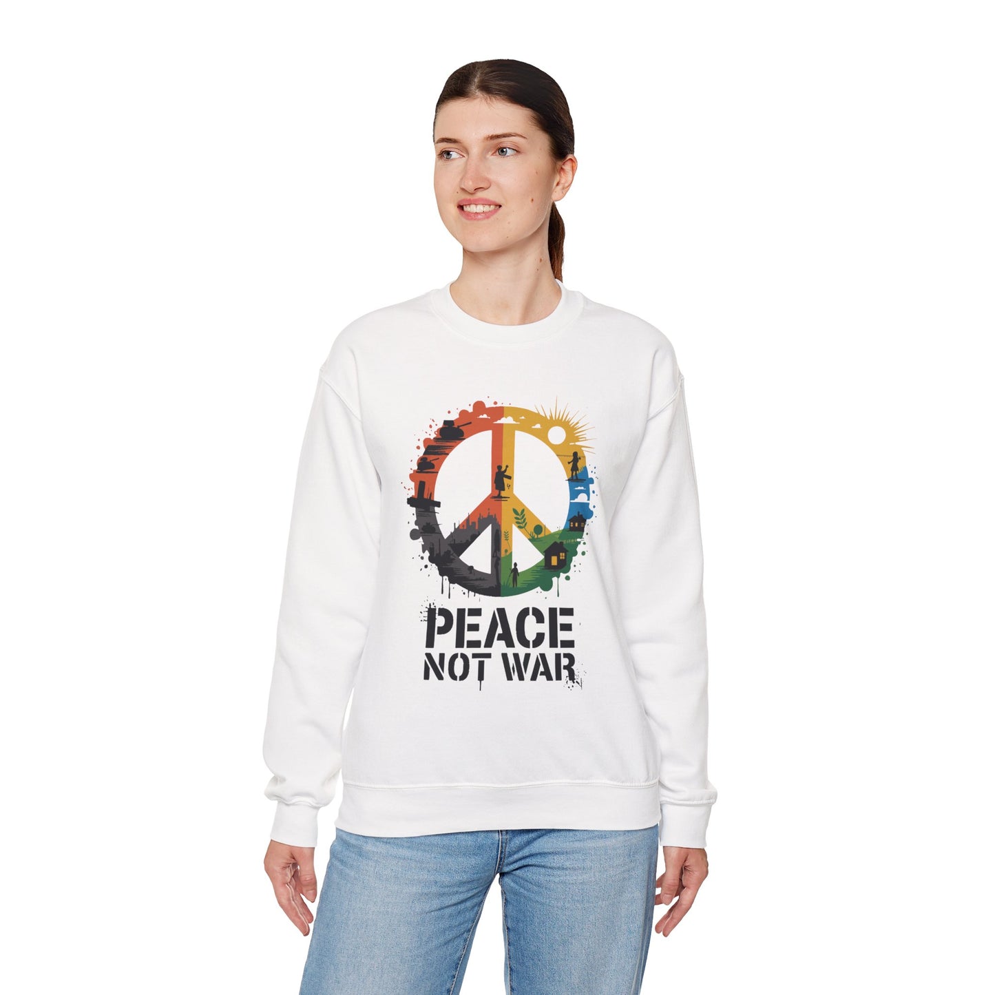 TEEZOCA peace symbol sweatshirt featuring vibrant modern artwork Woman wearing a white sweatshirt with a peace symbol and 'Peace Not War' text on a white background