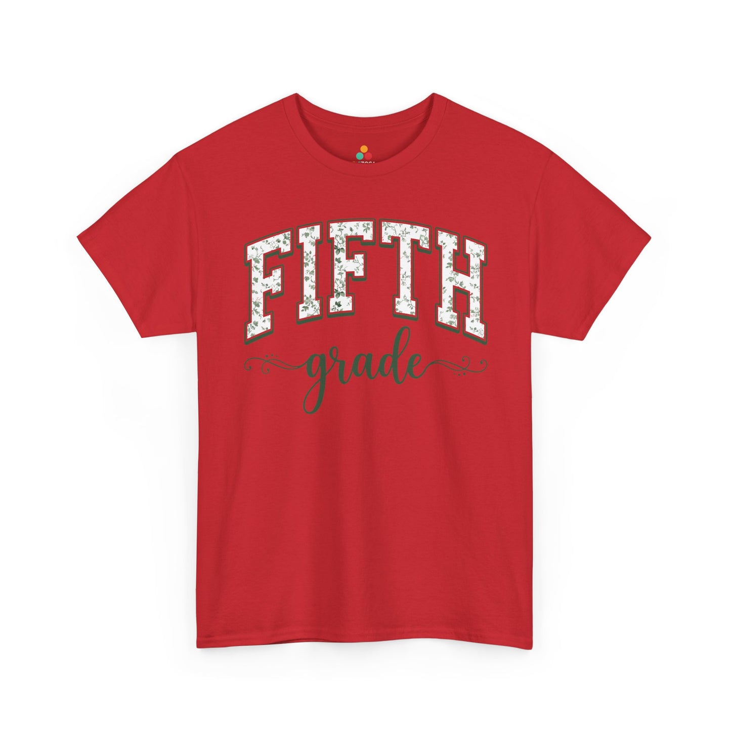 TEEZOCA red floral back to school t-shirt for fifth grade teachers and staff, an adult tee found on Amazon and Etsy.