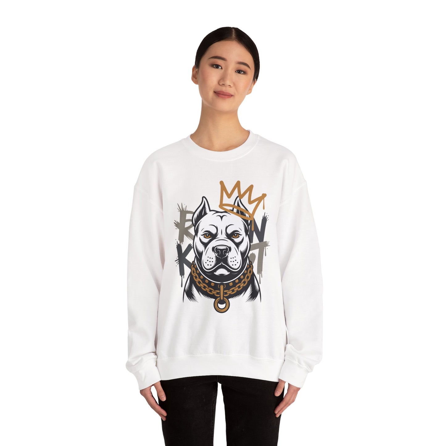 TEEZOCA royal pitbull sweatshirt with crowned dog streetwear illustration Person wearing a white sweatshirt with a graphic design on a white background