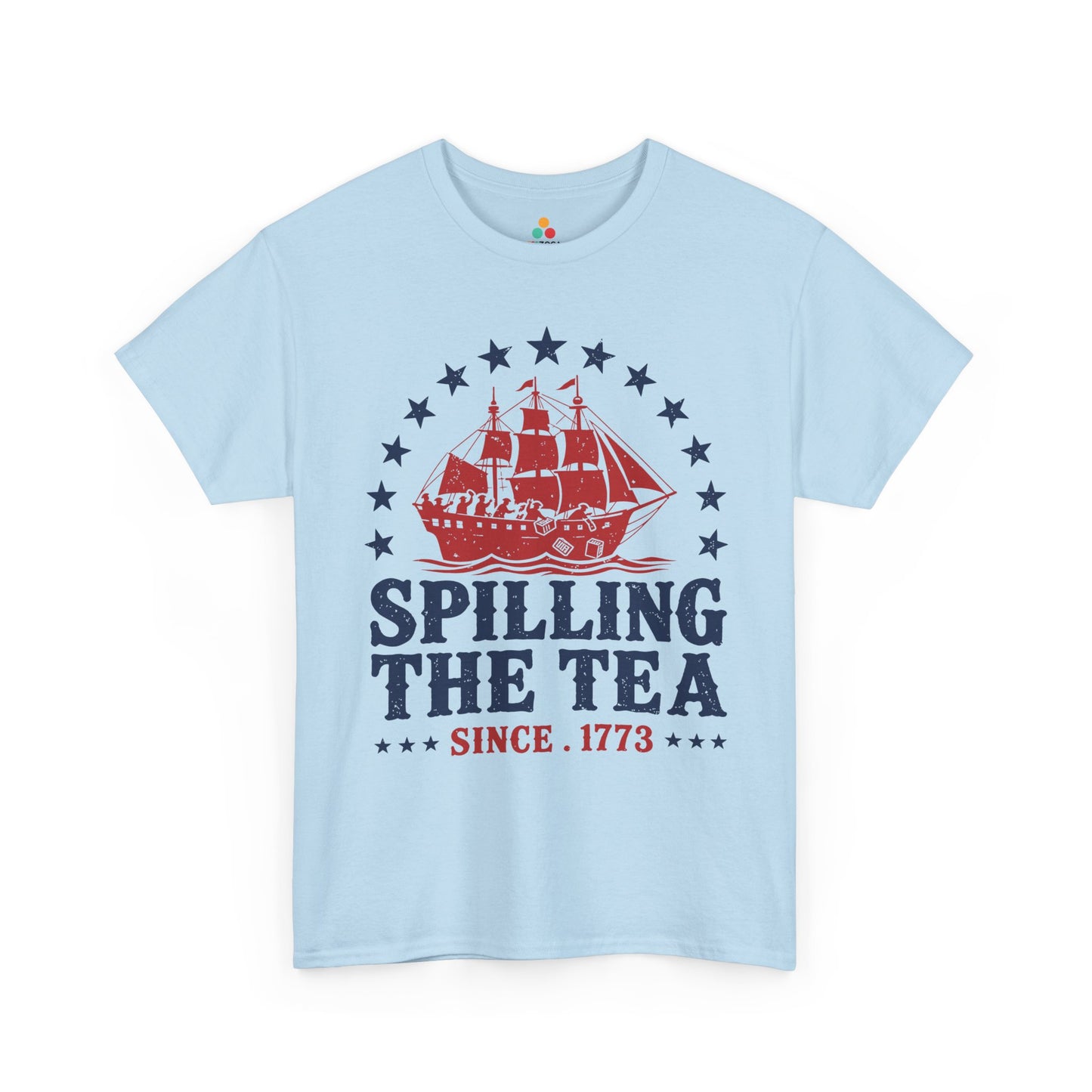 TEEZOCA t-shirt with 4th of July graphic tee styling, Boston Tea Party artwork, stars, waves, and oversized navy text.