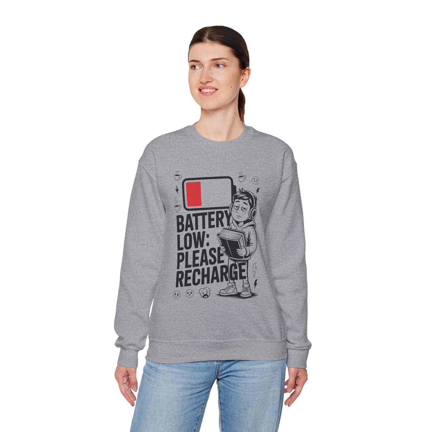 TEEZOCA unisex sweatshirt with Battery Low Please Recharge funny exhaustion design Person wearing a gray sweatshirt with a graphic design on a white background