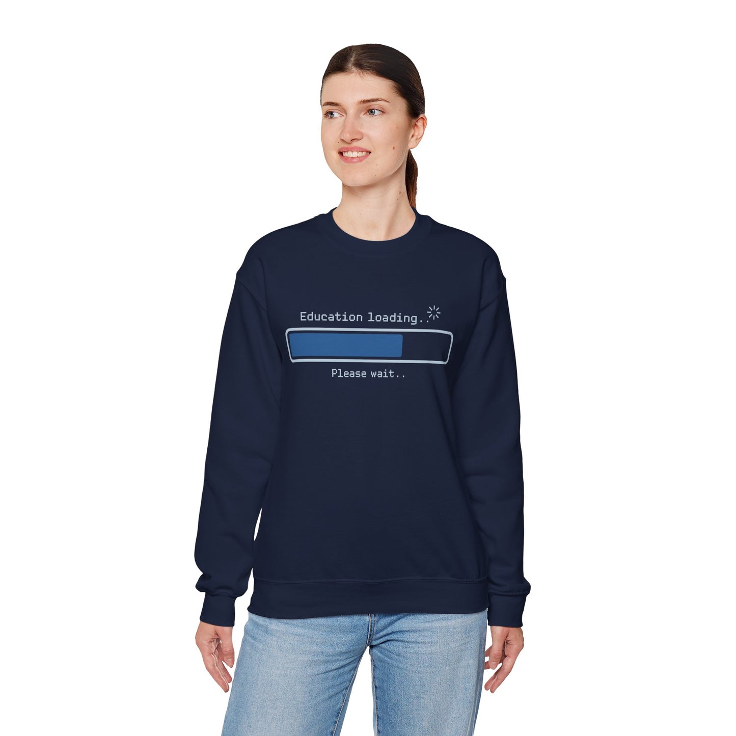 TEEZOCA unisex sweatshirt with retro education progress bar graphic Person wearing a navy blue sweatshirt with text design on a white background