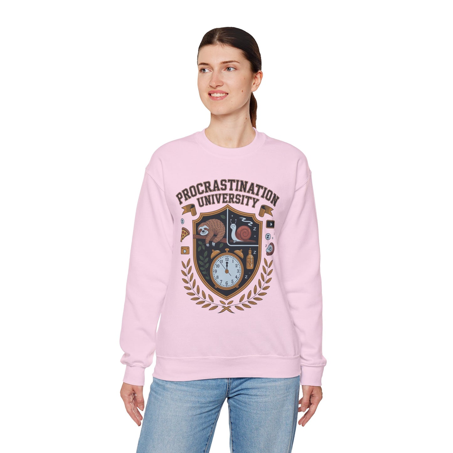 Unisex Heavy Blend sweatshirt by TEEZOCA with procrastination college badge artwork Person wearing a pink sweatshirt with 'Procrastination University' design on a white background