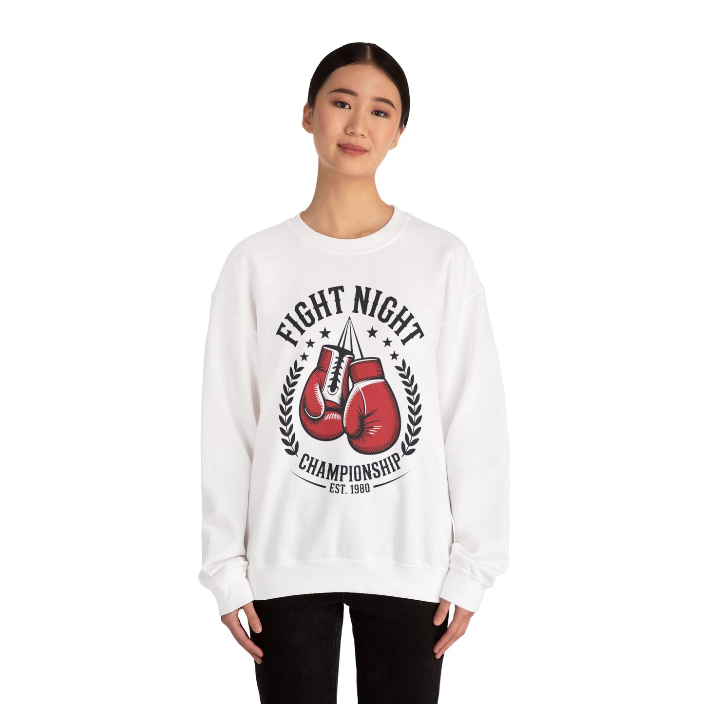 Unisex boxing graphic sweatshirt with vintage championship gloves artwork Person wearing a white sweatshirt with boxing glove design and text on a white background