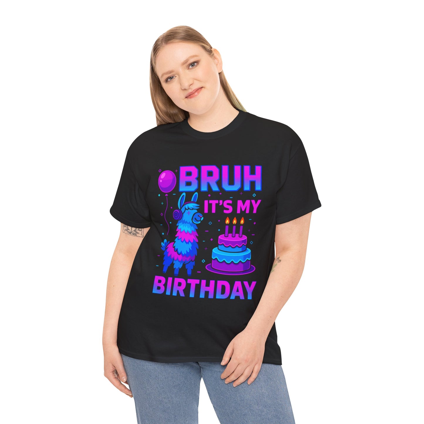 “Women wearing Teezoca Bruh It’s My Birthday llama birthday cake party shirt, trendy neon design, funny birthday gift tee”