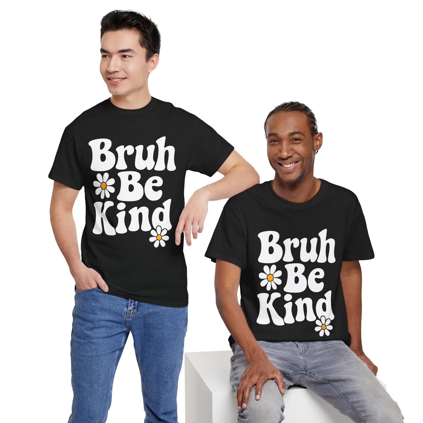 Men models styled in “Bruh Be Kind” shirts, showing trendy retro kindness tee for friends, classrooms, or group gifting.