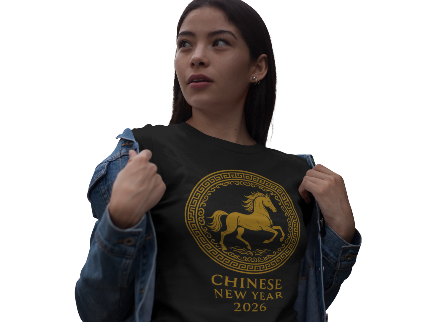 Close-up of model holding out Chinese New Year 2026 horse design on t-shirt, highlighting detailed gold zodiac artwork and print quality.