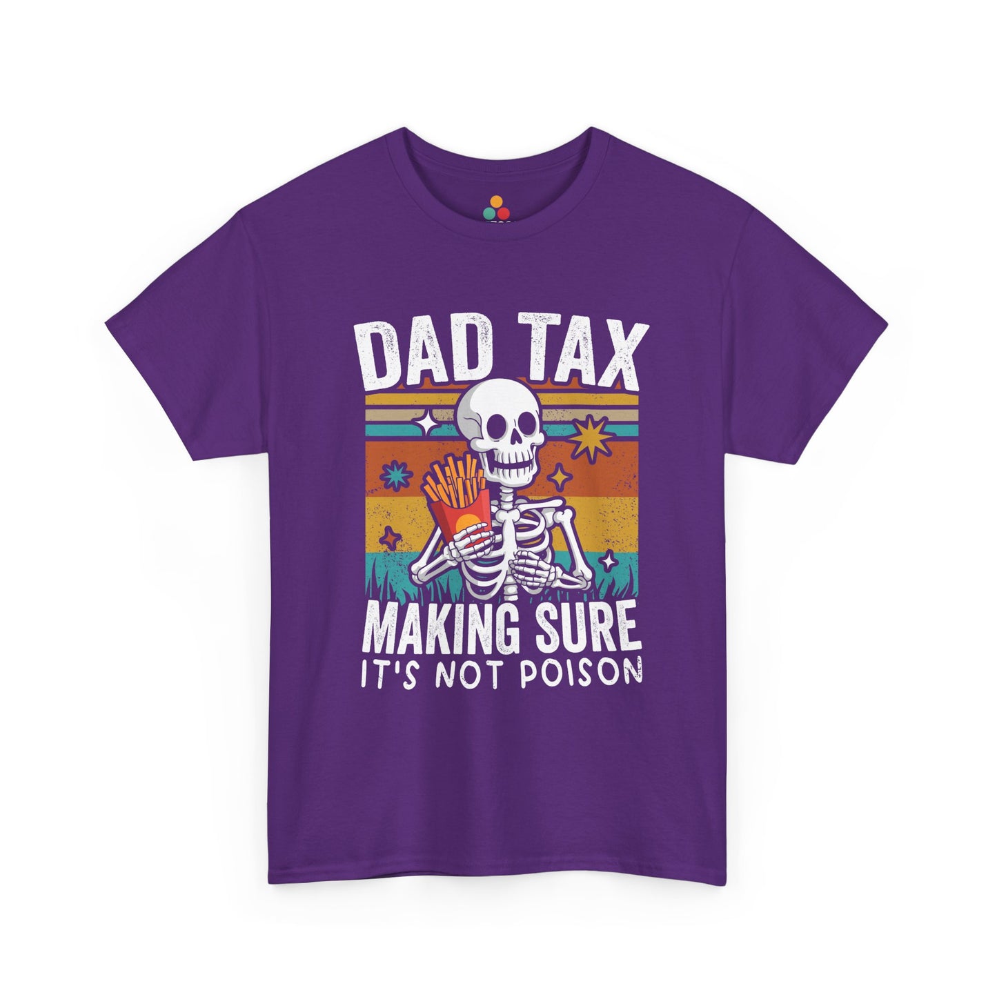 "Funny Dad Tax skeleton making sure it’s not poison on purple t-shirt, front view"