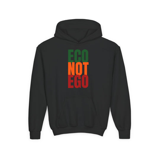 Black kids hoodie featuring the “ECO NOT EGO” slogan in green and orange, stylish eco message sweatshirt for climate-conscious children.